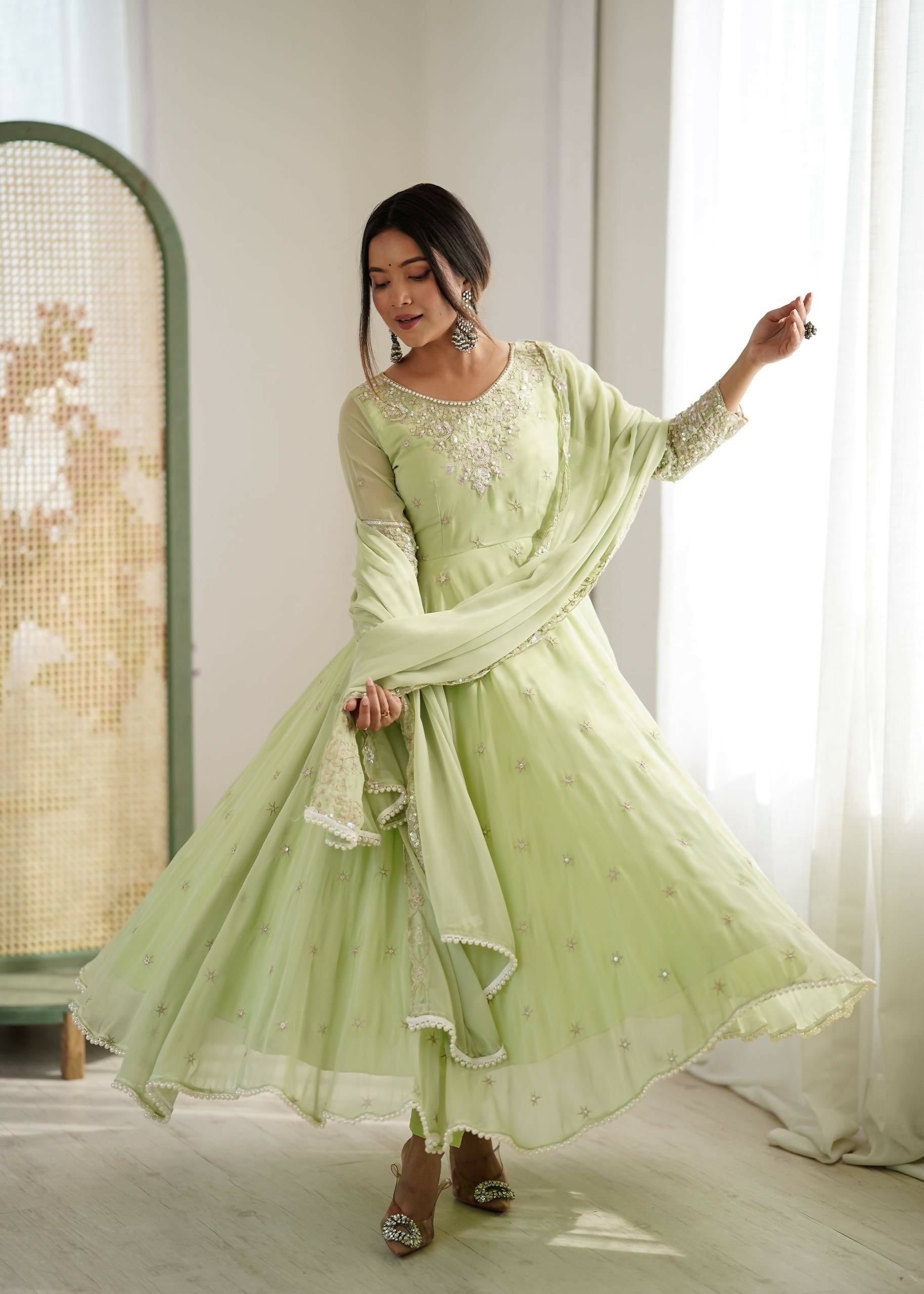 Elegant Embroidered Designer Anarkali Three Piece Set