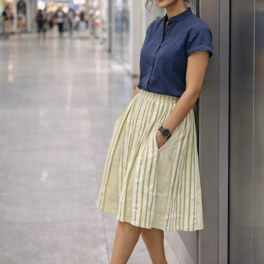 TEMPEST - Solid and Contrast Striped Pleated Summer Alpine Skirt .