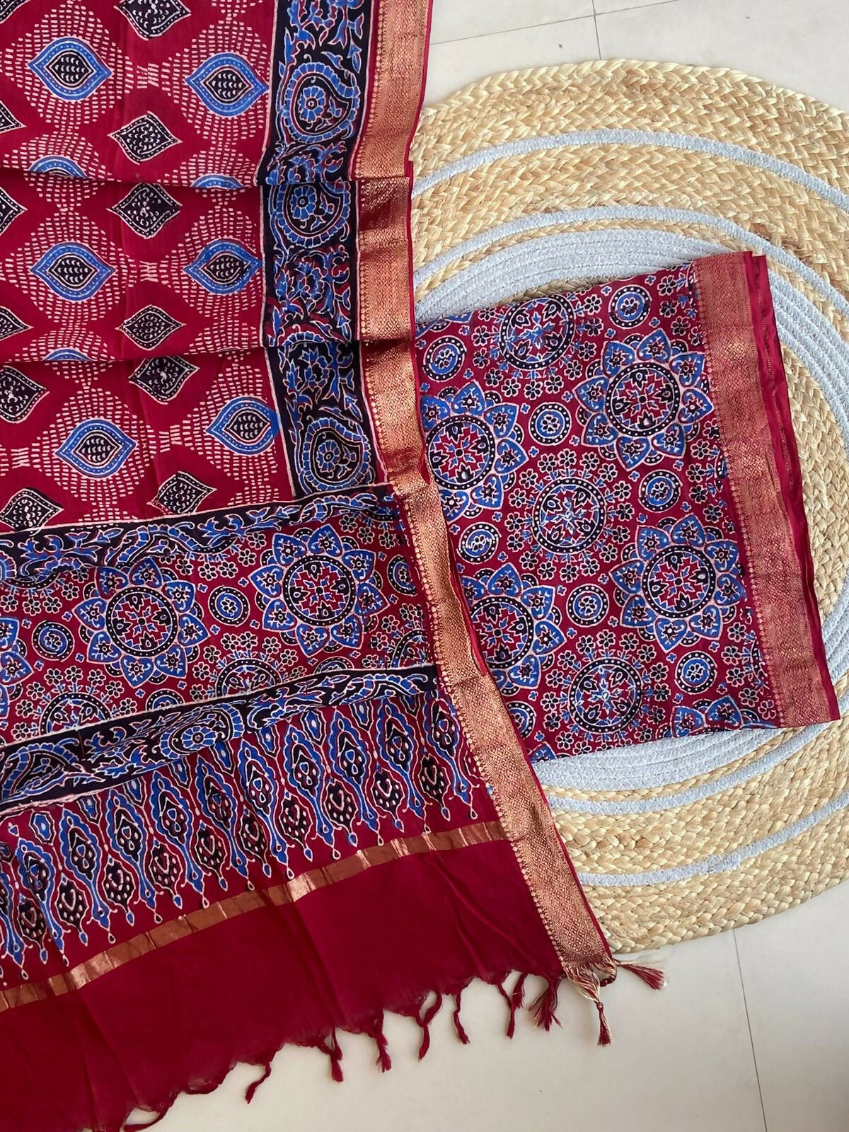 Ajrakh Mangalgiri Cotton Suit Fabric - Multicolor Ajrakh Cotton Suit Fabric India