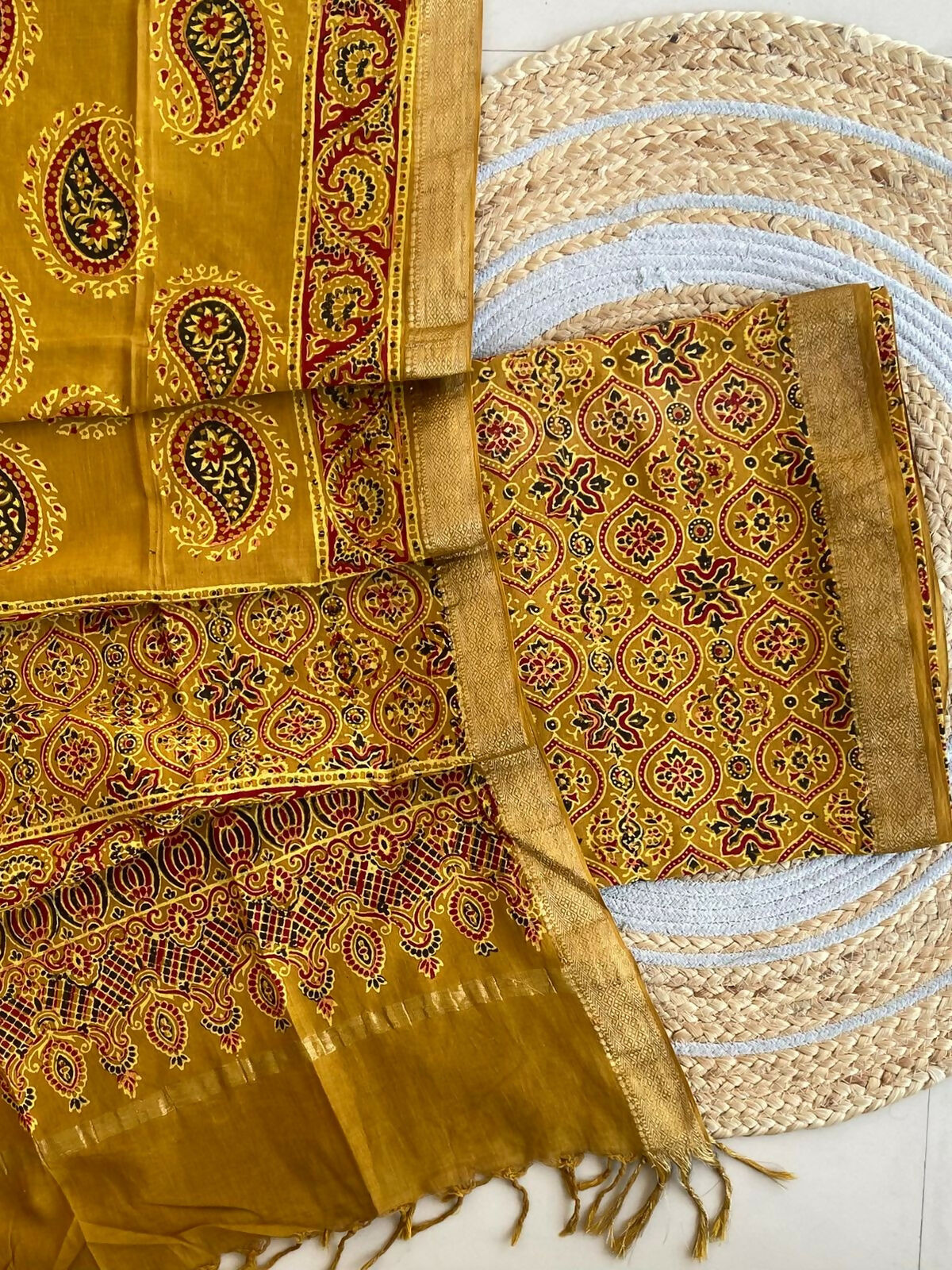 Ajrakh Mangalgiri Cotton Suit Fabric - Mustard Ajrakh Cotton Suit Fabric Online India