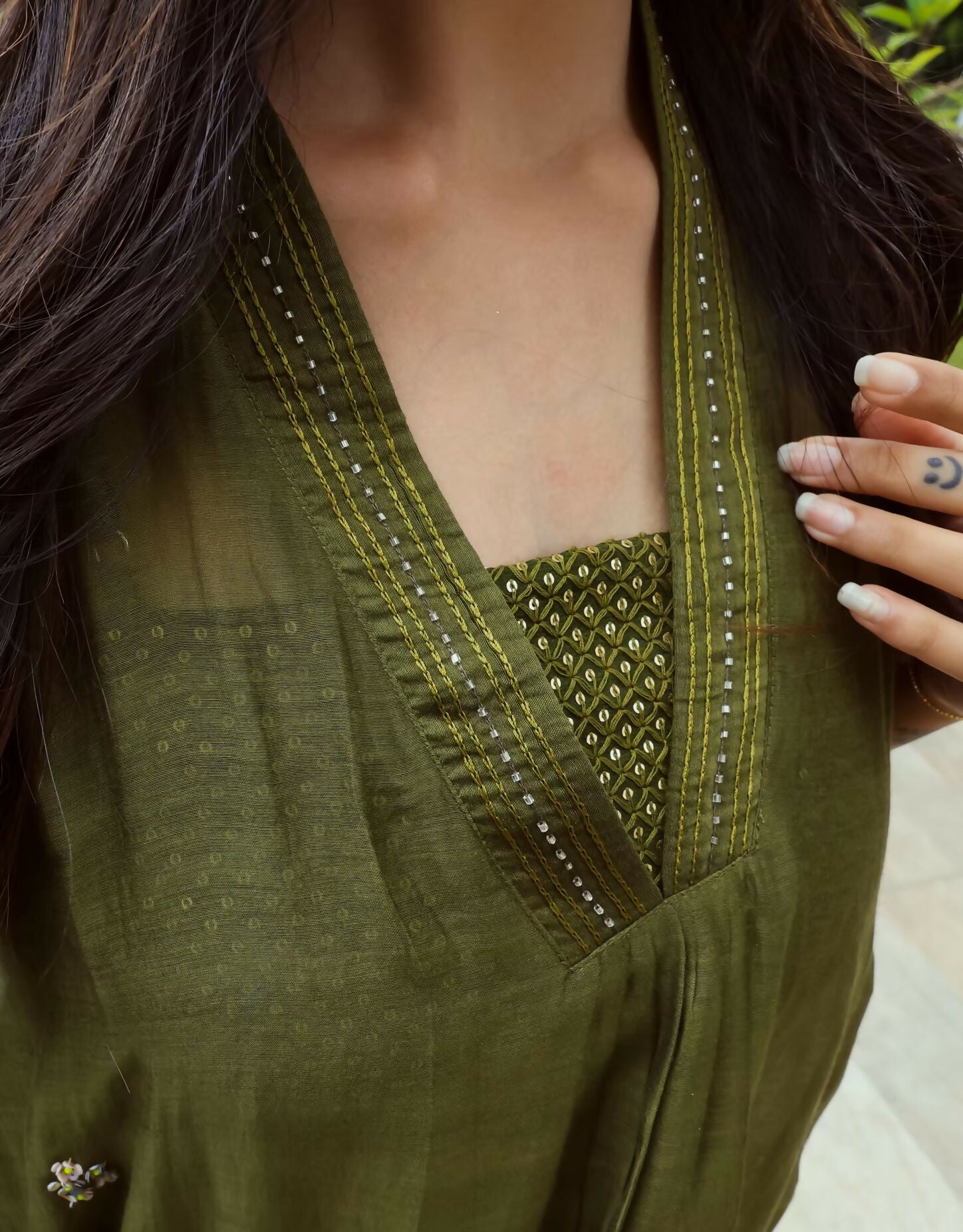 Olive Green Mulchanderi Embroidered Co-ord Set
