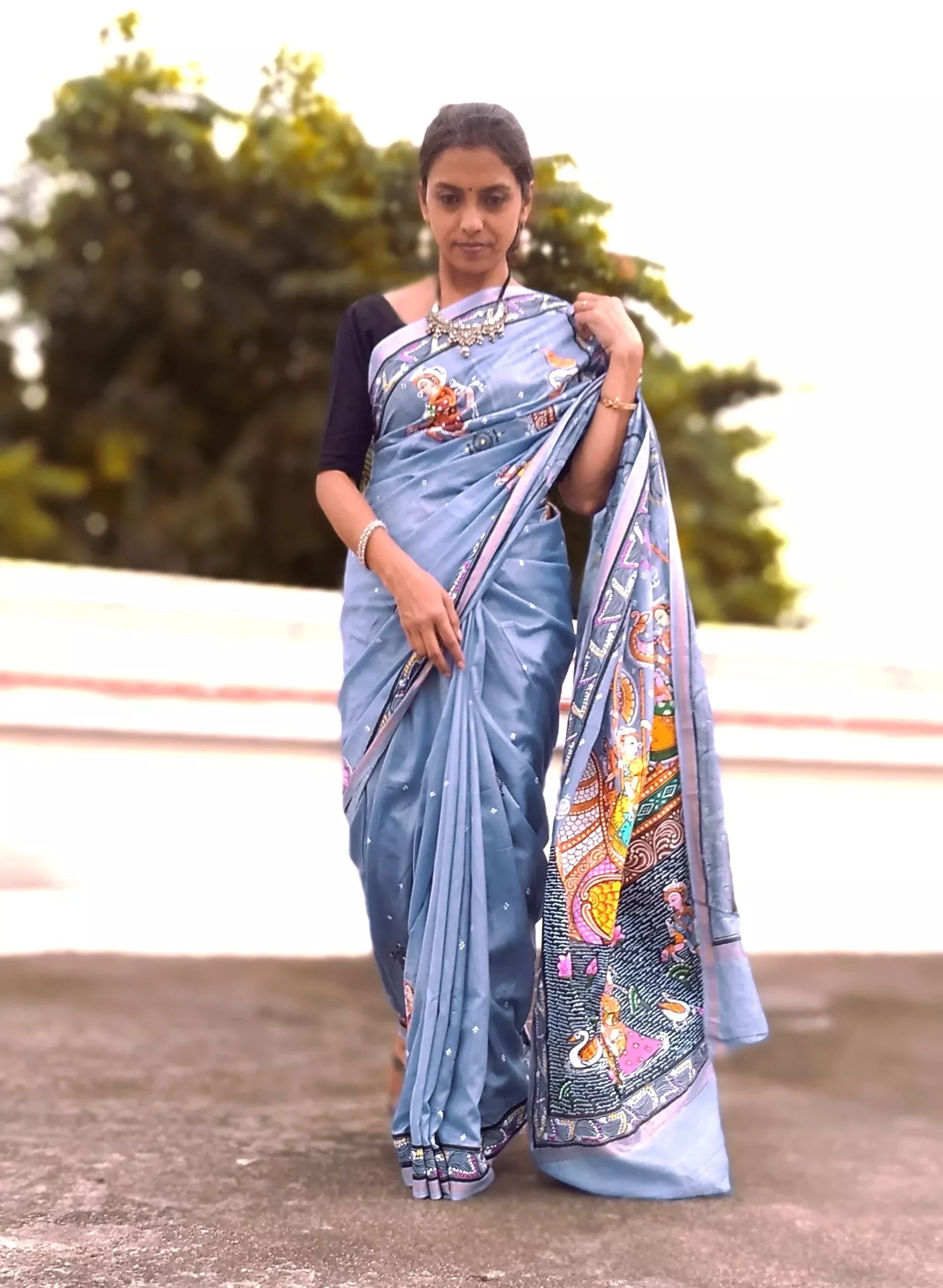 NAUKA RAAS VIHAAR THEME - Pattachitra Handpainted Pattachitra Silk Saree
