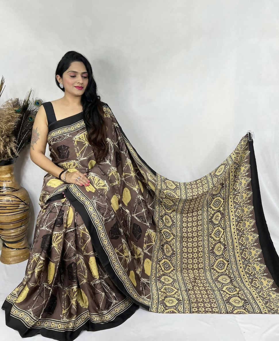 Modal Silk Ajrakh Saree – Brown with Golden Ajrakh Design