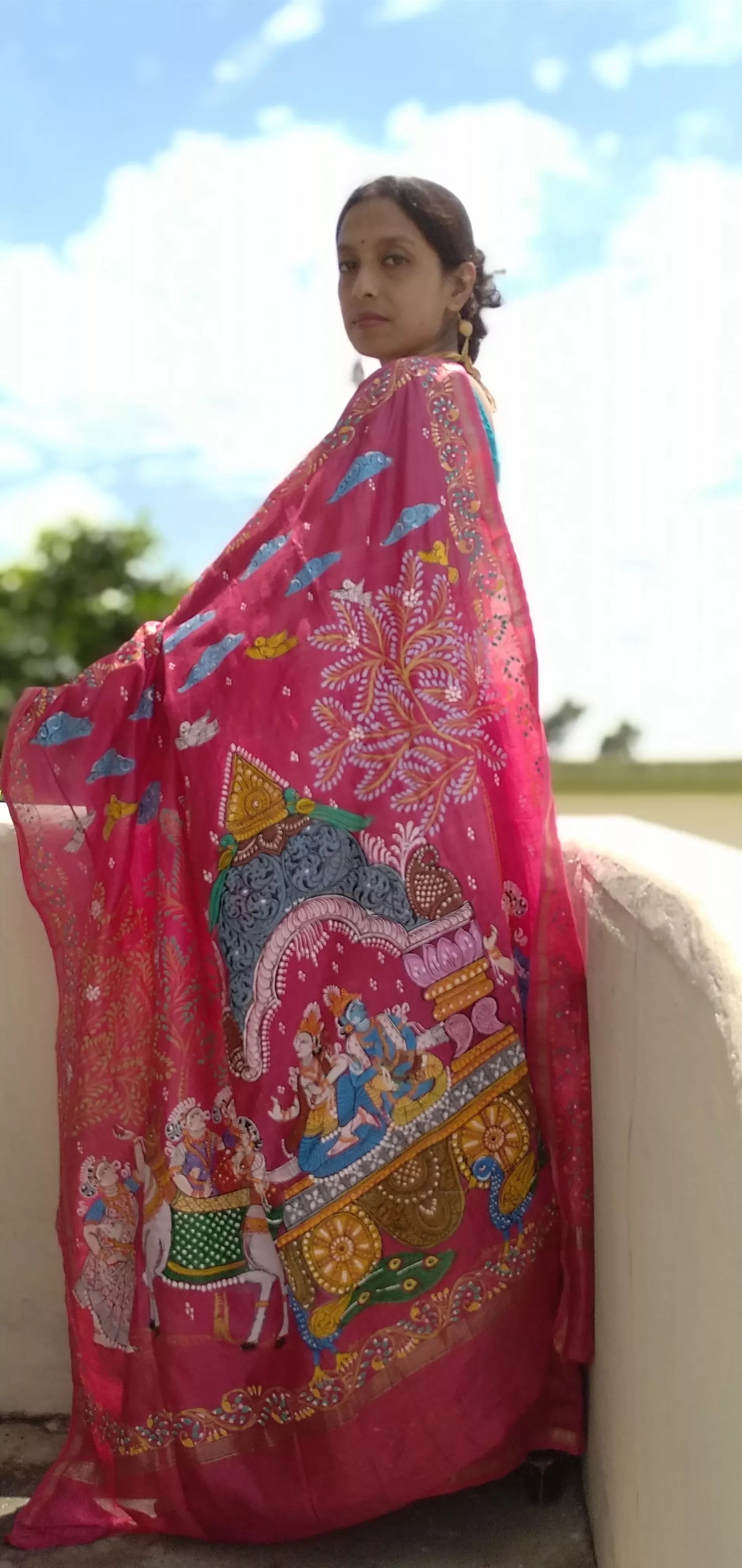 " MATHURA VIJAY YATRA " of SHRI KRISHNA in Handpainted Pattachitra Art on Tussar Modal Silk Saree.