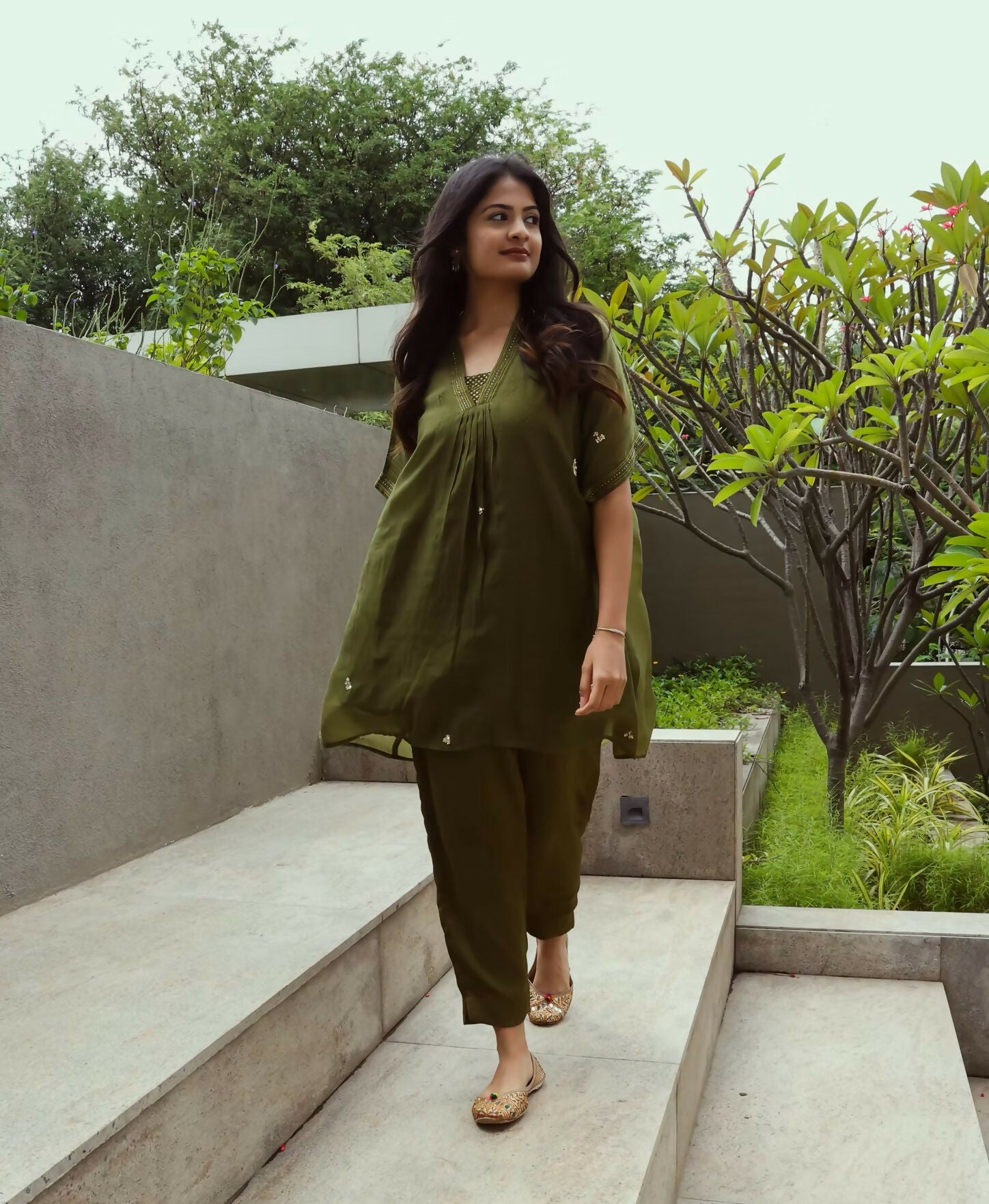 Olive Green Mulchanderi Embroidered Co-ord Set