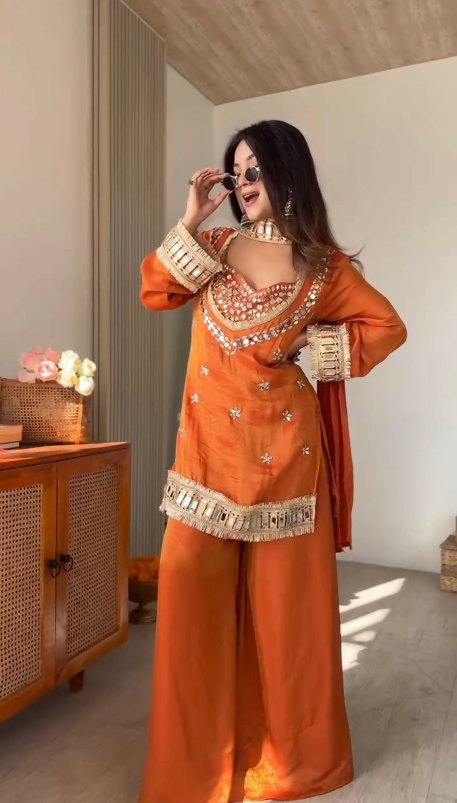 Women’s Fendy Silk Mirror Work Top, Sharara & Dupatta Set