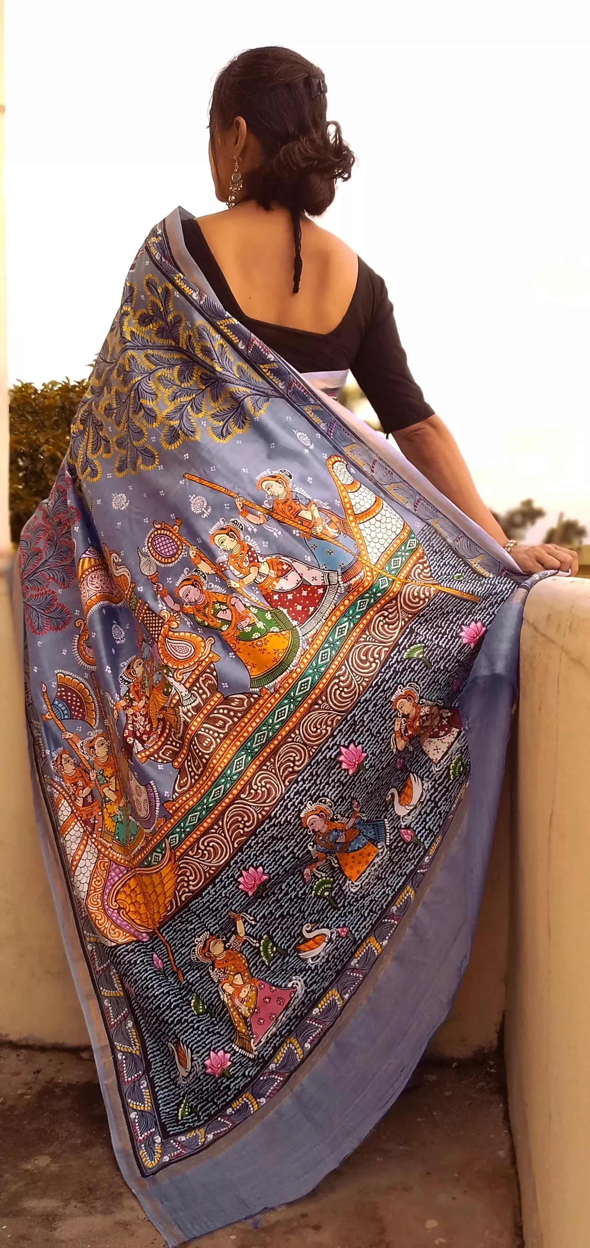 NAUKA RAAS VIHAAR THEME - Pattachitra Handpainted Pattachitra Silk Saree