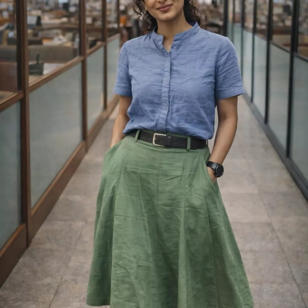 GREEN ALLEY - Olive Cotton Linen Symmetric flared hem Aline Waist Skirt.