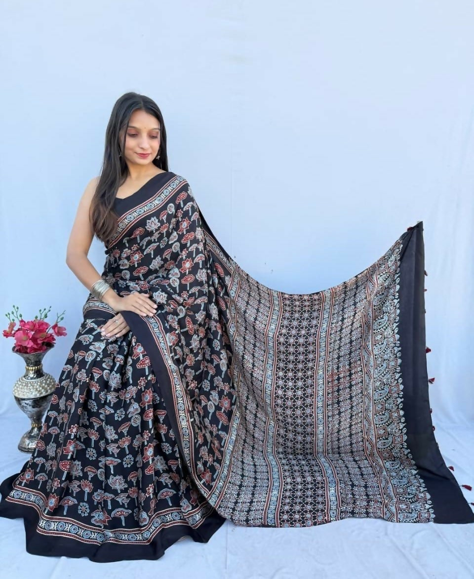 Modal Silk Ajrakh Saree – Black Floral Ajrakh Design