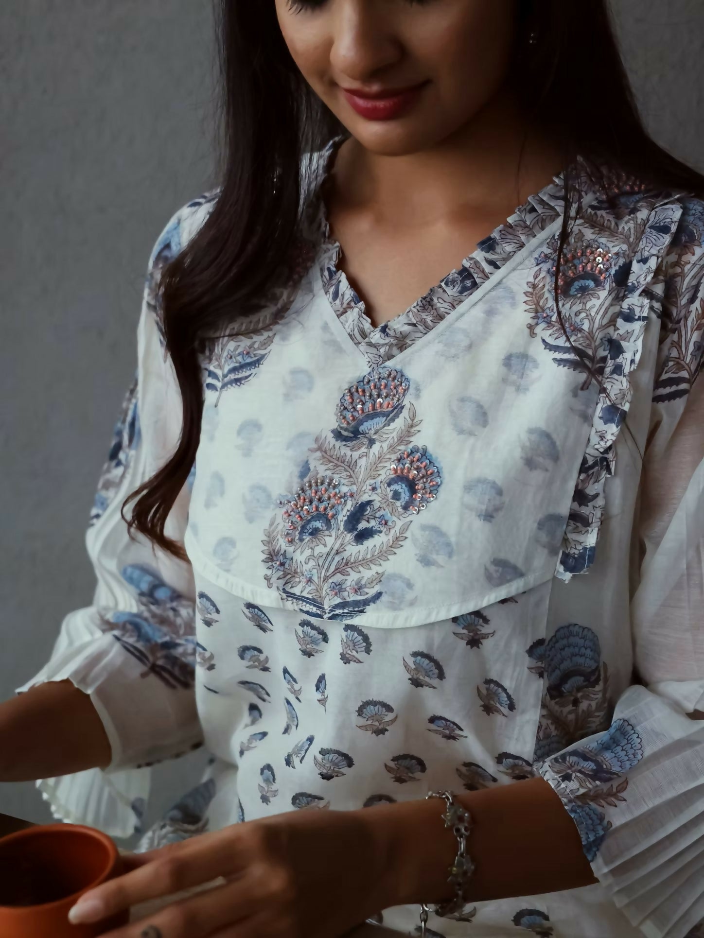 White & Blue Long Kurta Pant Set