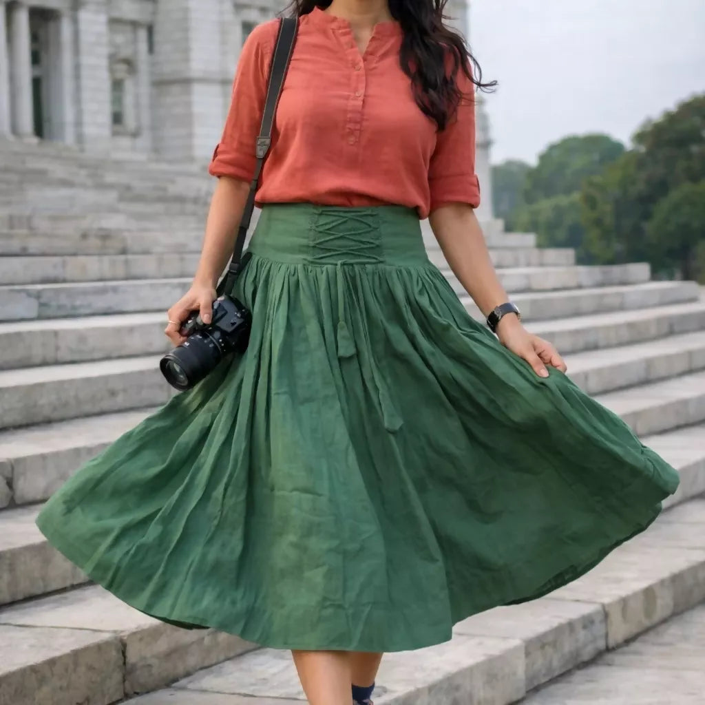 GREENVILLIE - Olive Green Cotton Linen Vintage theme Symmetric flared hem Skirt.