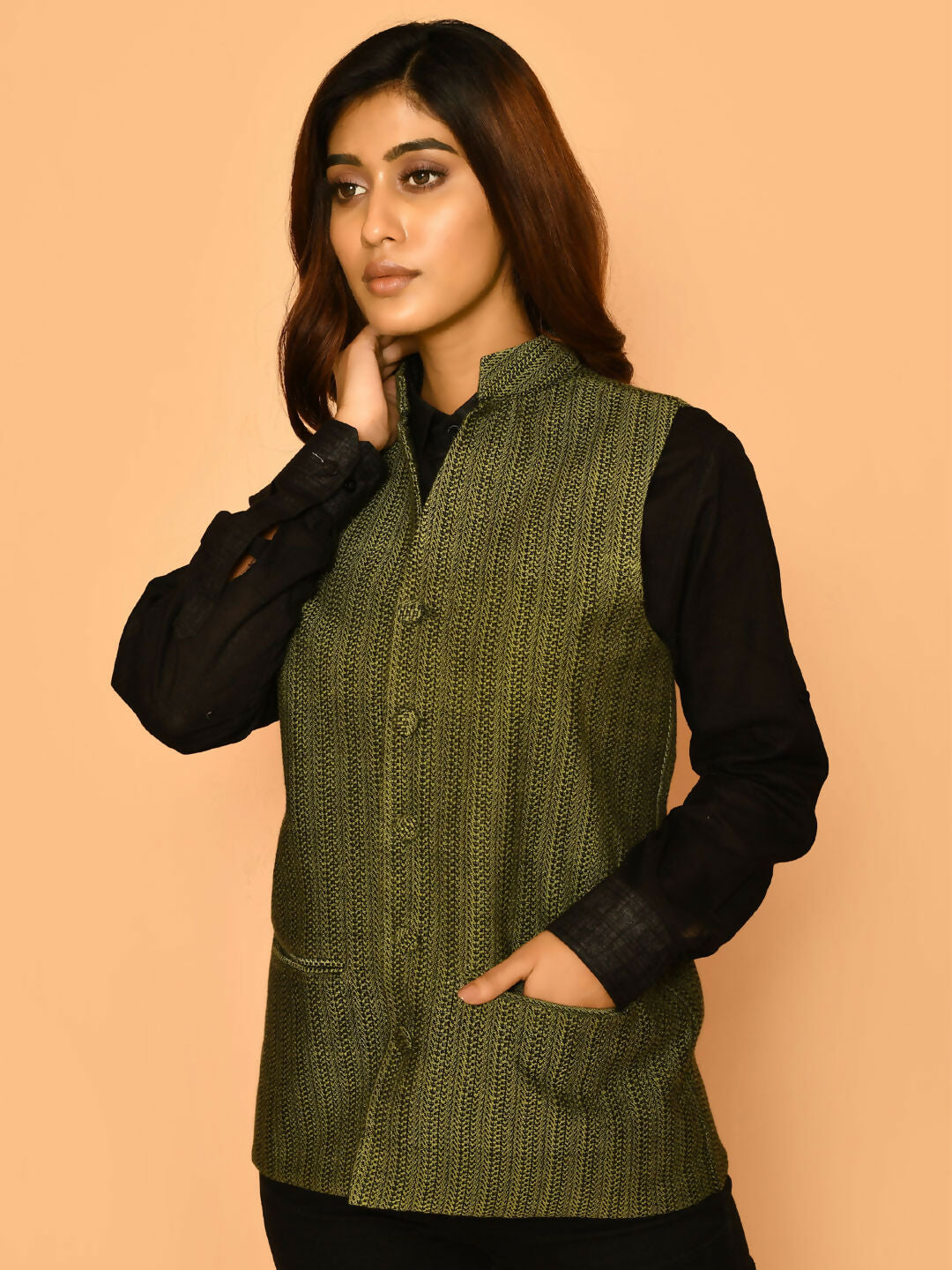 Olive Green Handloom Cotton Nehru Jacket for Women