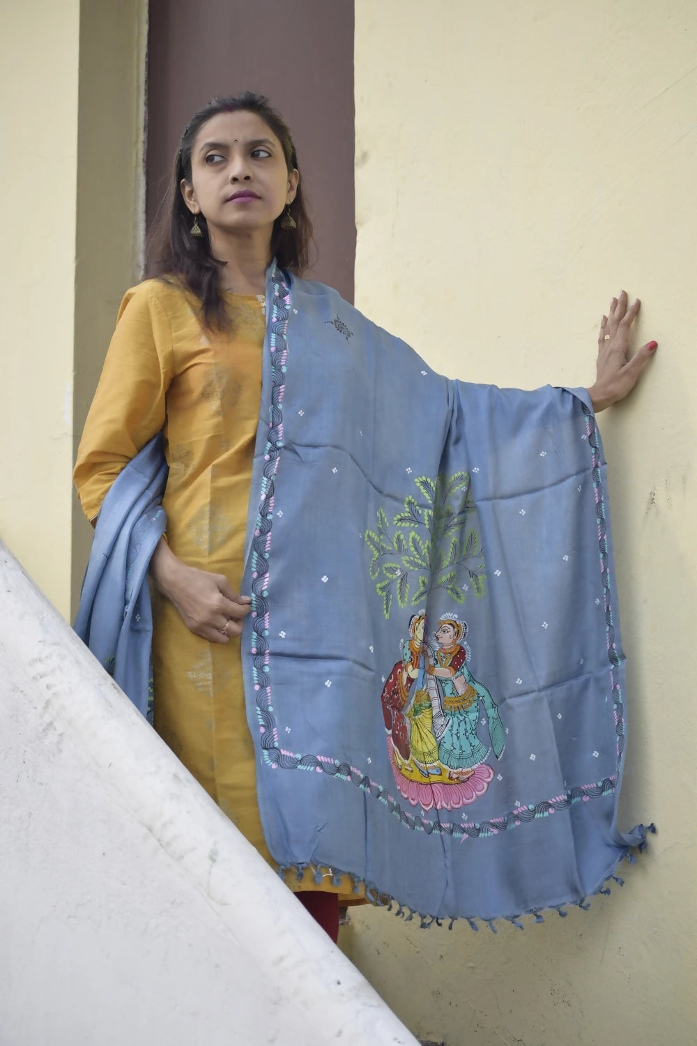 Vrindavan Leela- Sky Blue Premium Banana Silk Dupatta --Sustainably Fashionable.
