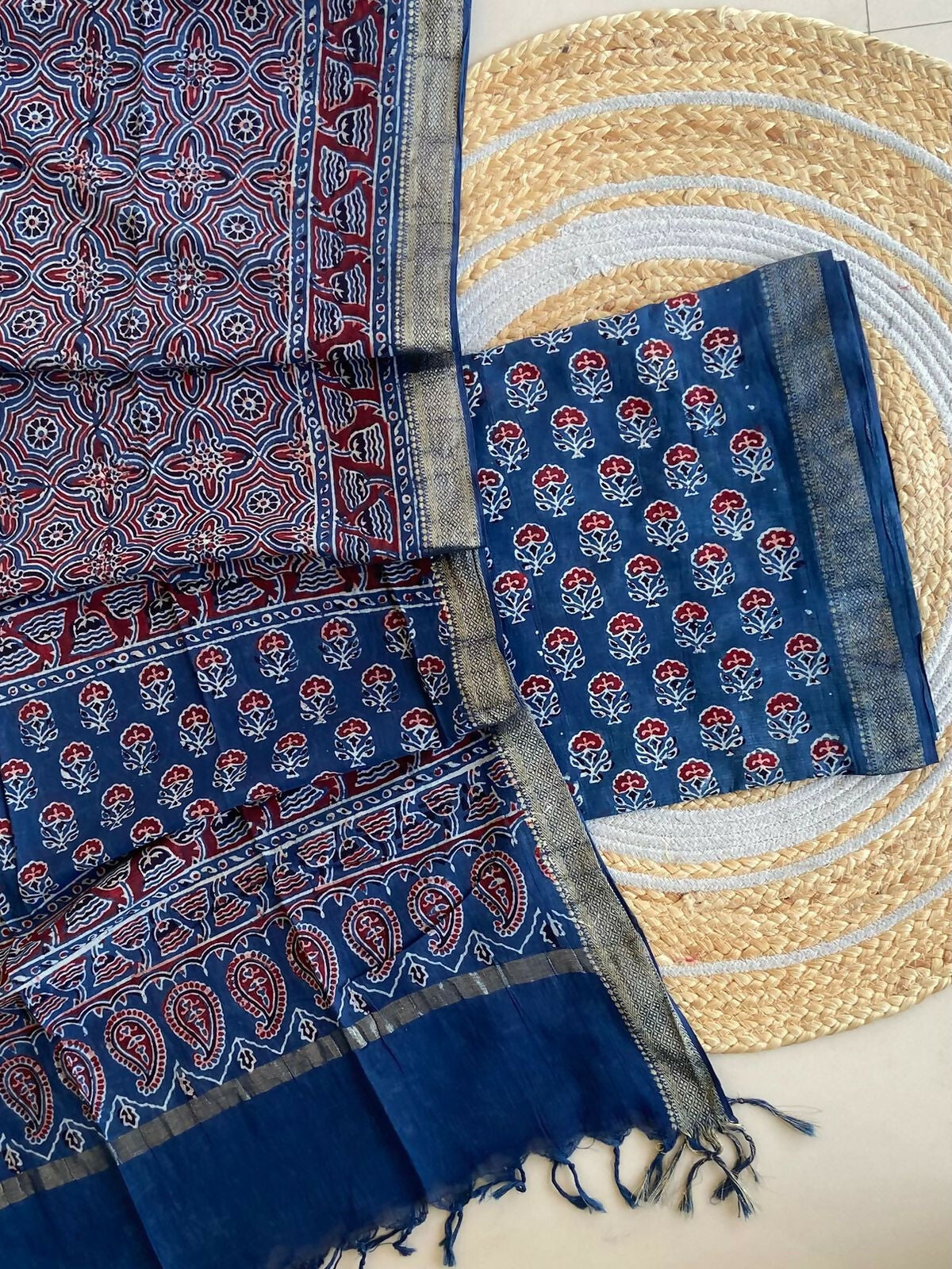 Ajrakh Mangalgiri Cotton Suit Fabric - Sky Blue Ajrakh Cotton Suit Fabric India
