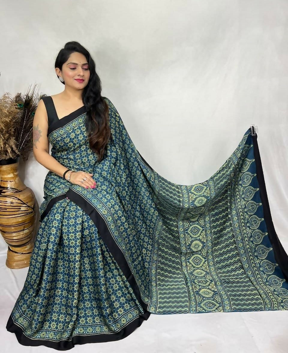 Modal Silk Ajrakh Saree – Olive Green Ajrakh Design