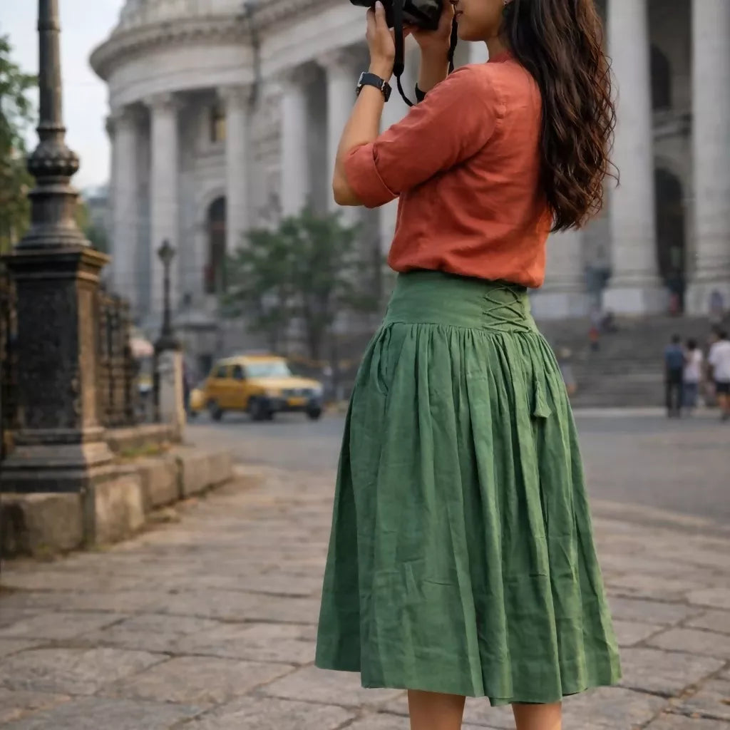 GREENVILLIE - Olive Green Cotton Linen Vintage theme Symmetric flared hem Skirt.