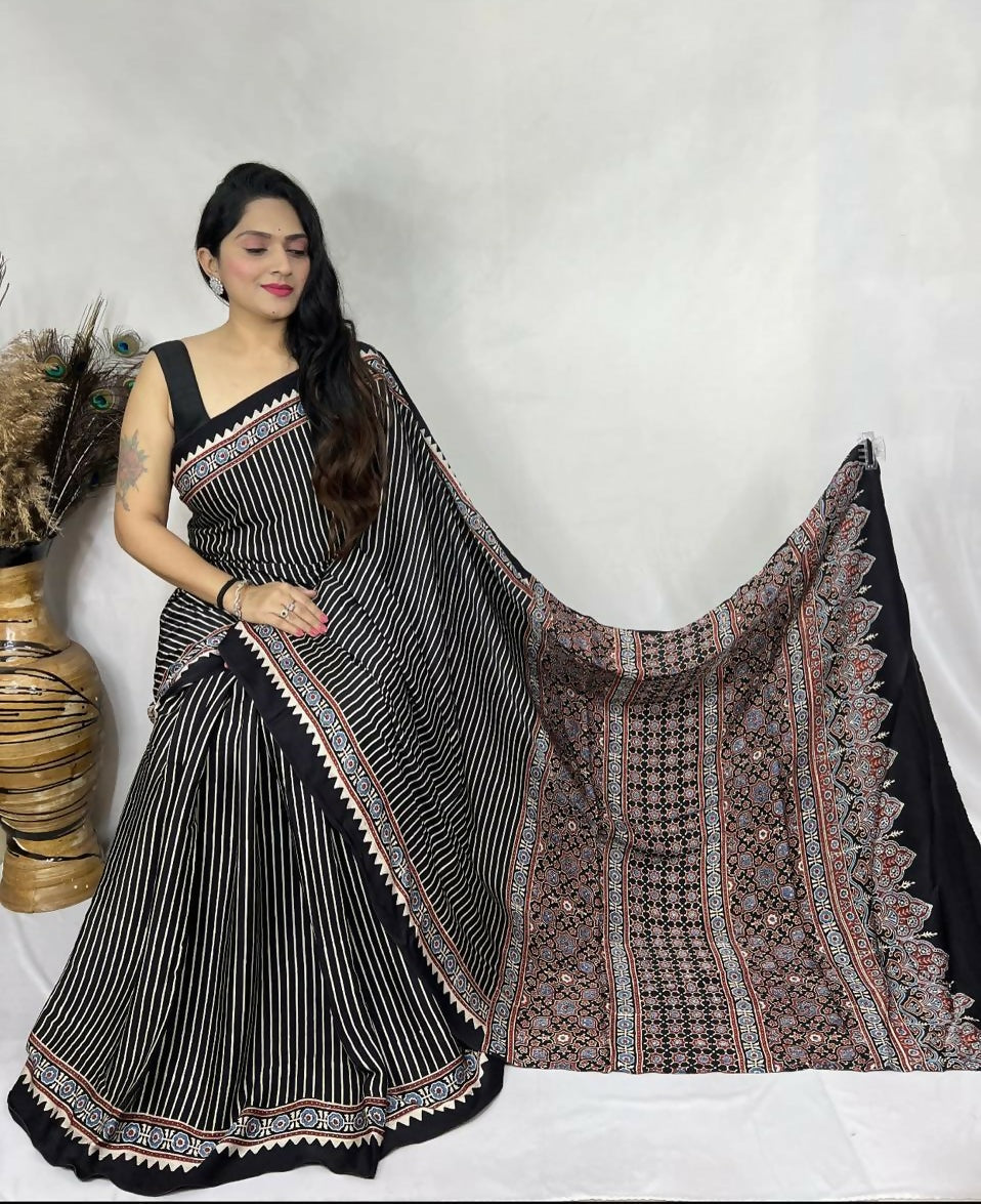 Modal Silk Ajrakh Saree – Black Striped Ajrakh Design