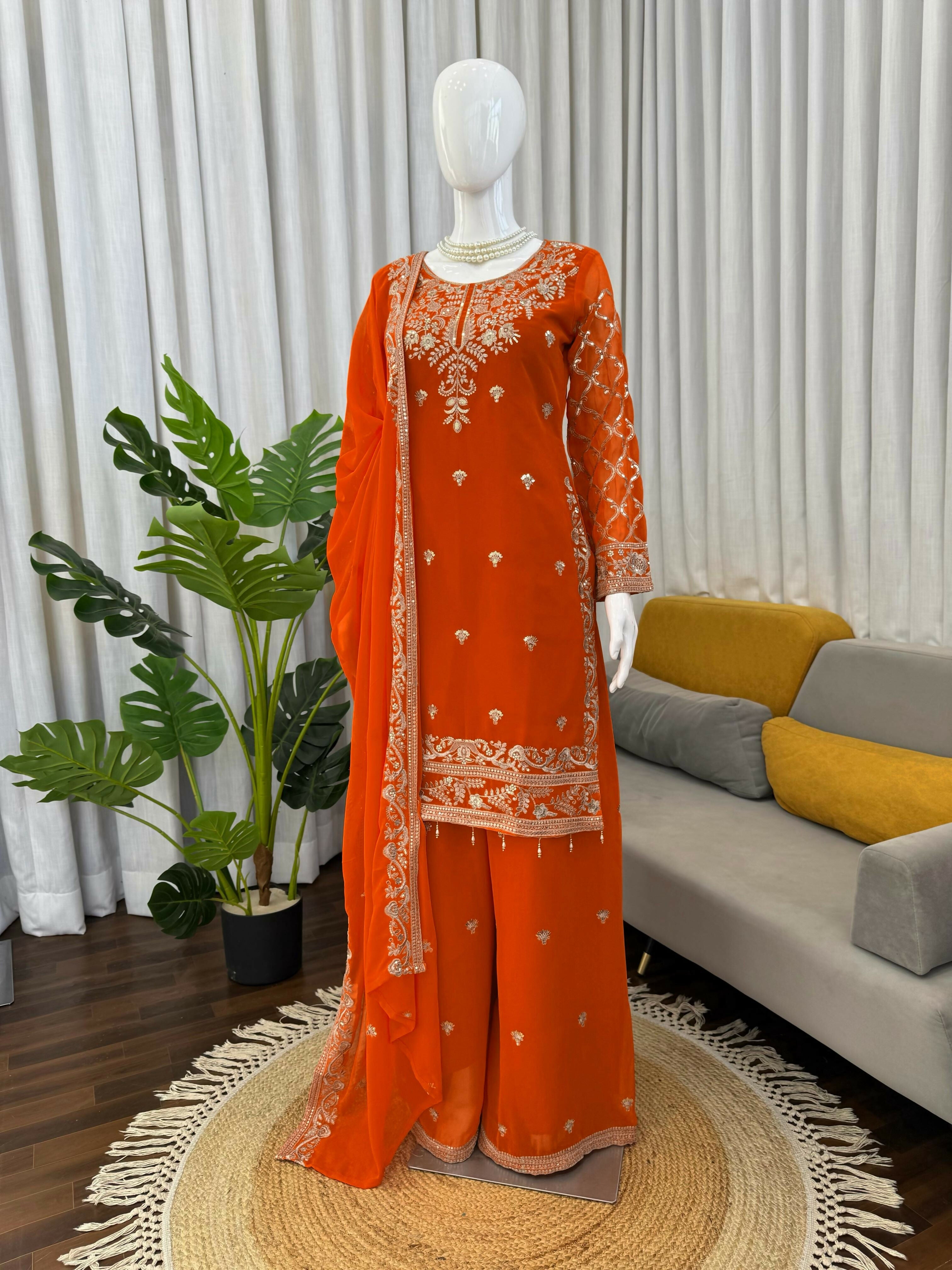 Designer Faux Georgette Embroidered Kurta Palazzo Set with Dupatta