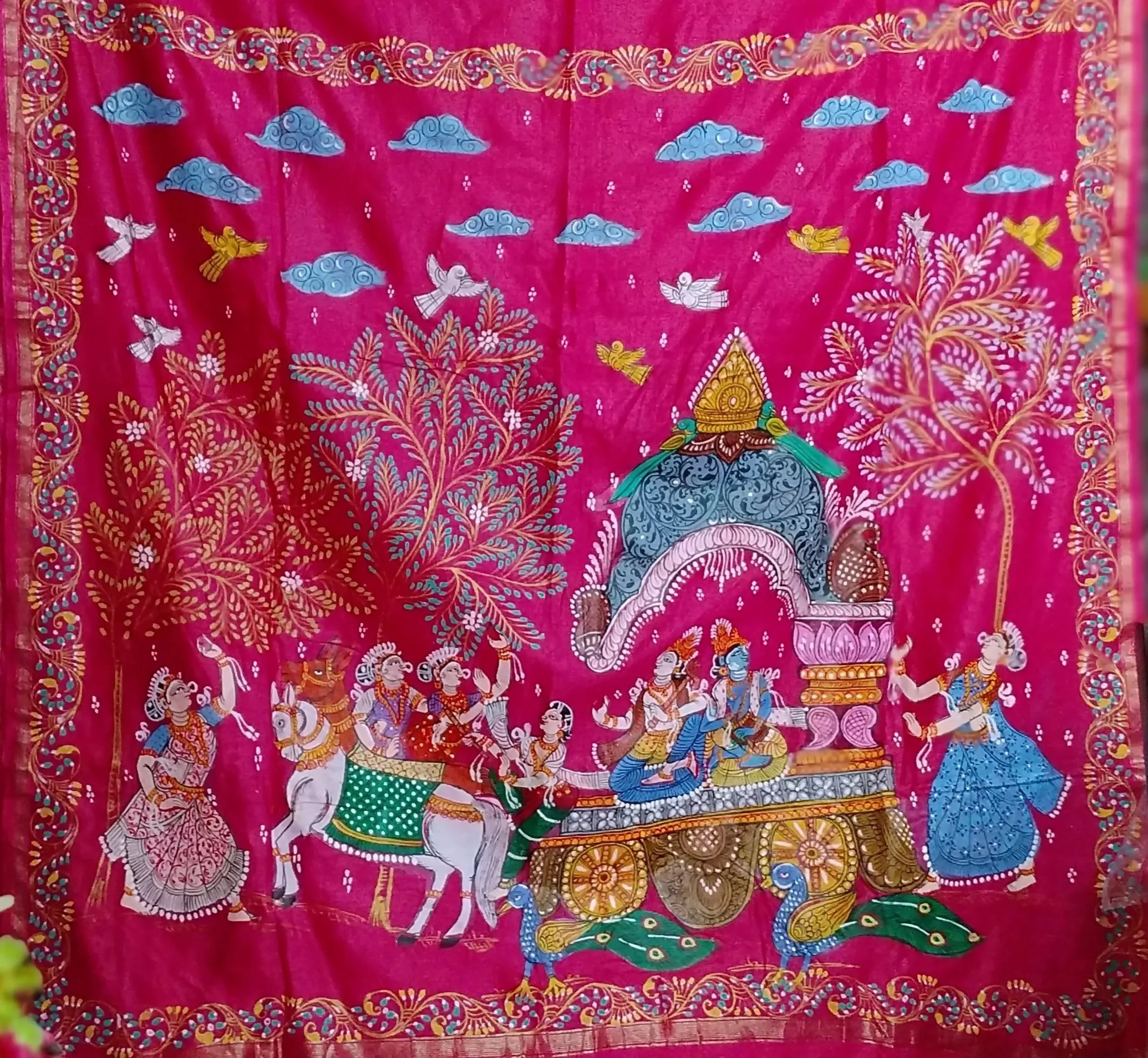 " MATHURA VIJAY YATRA " of SHRI KRISHNA in Handpainted Pattachitra Art on Tussar Modal Silk Saree.