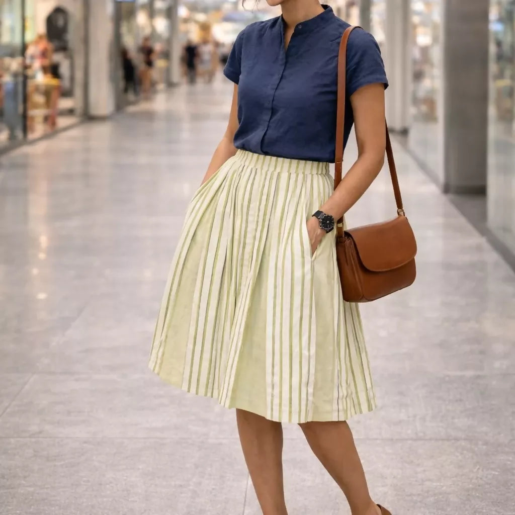 TEMPEST - Solid and Contrast Striped Pleated Summer Alpine Skirt .