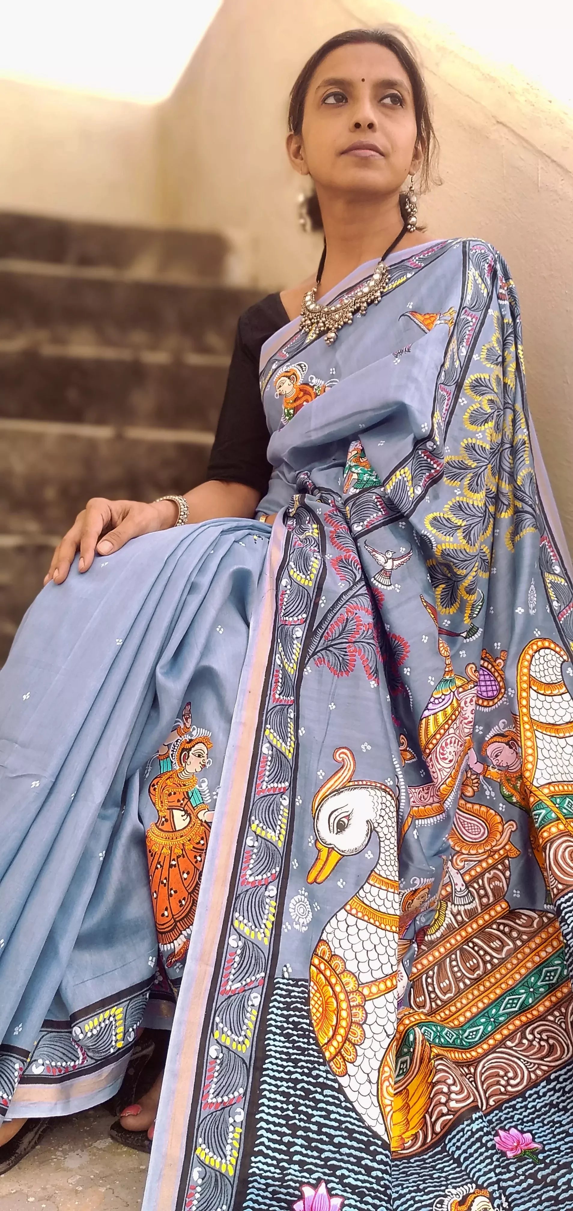 NAUKA RAAS VIHAAR THEME - Pattachitra Handpainted Pattachitra Silk Saree