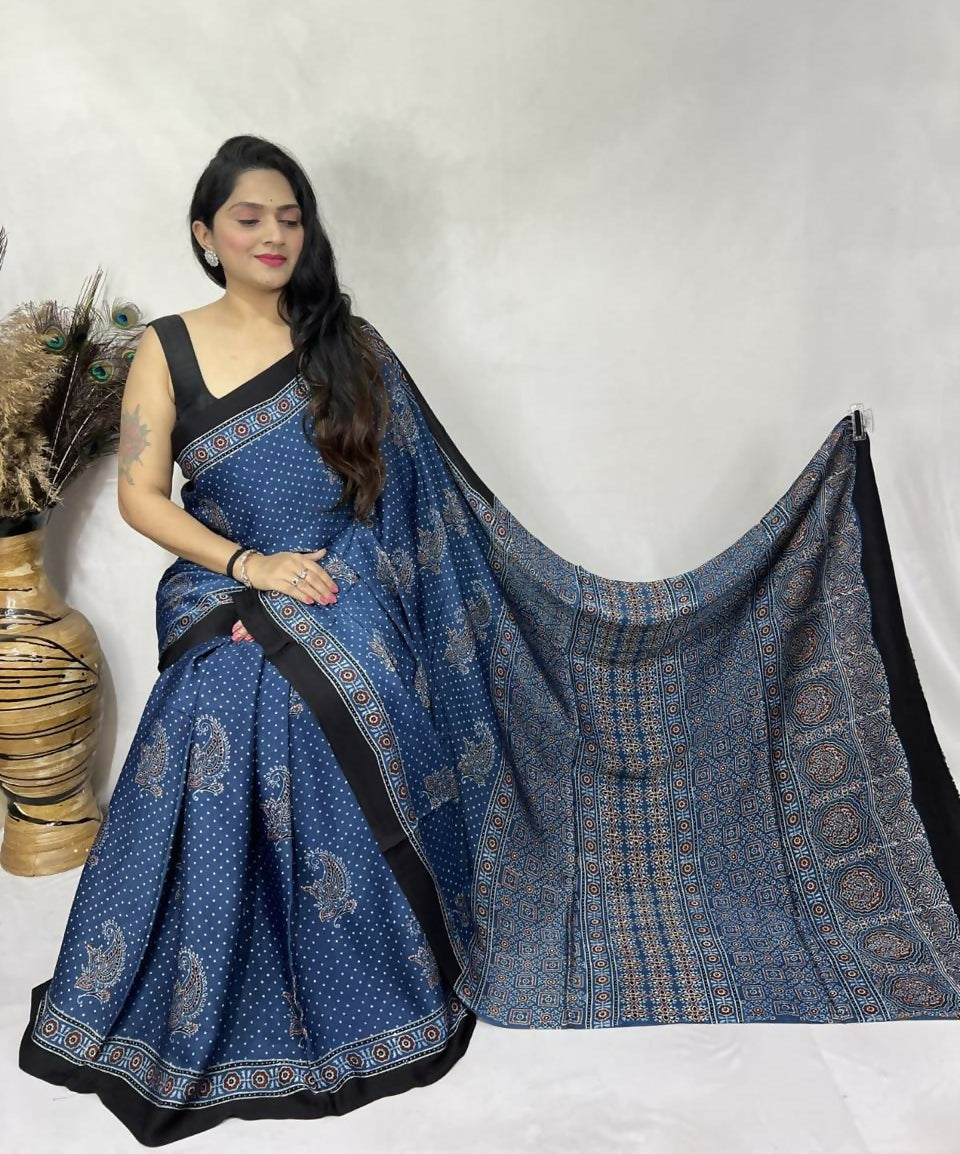 Modal Silk Ajrakh Saree – Navy Blue Ajrakh Design