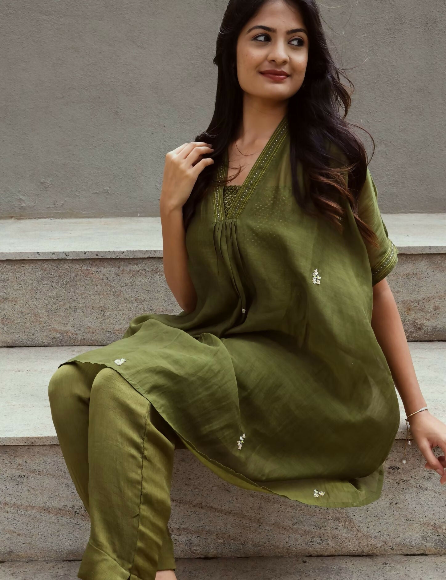 Olive Green Mulchanderi Embroidered Co-ord Set