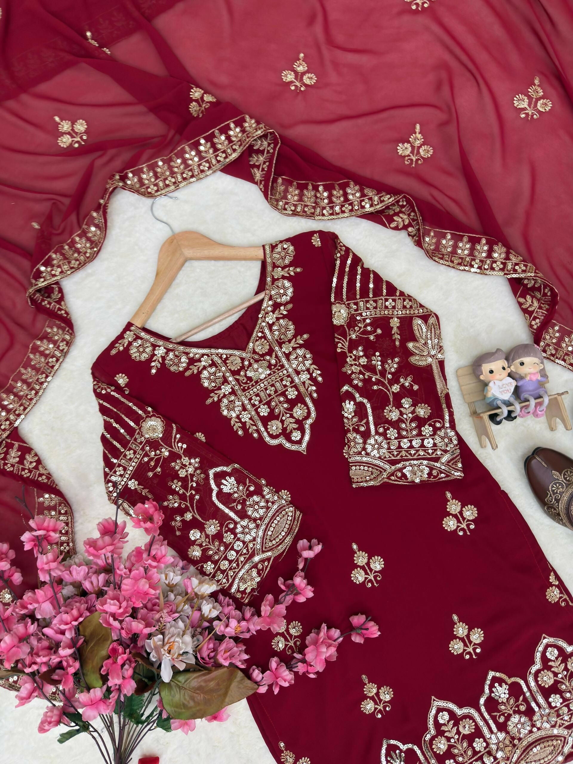 Designer Kurti Flared Plazzo & Dupatta Set