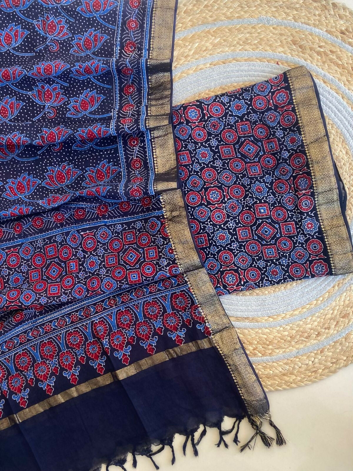 Ajrakh Mangalgiri Cotton Suit Fabric - Dark Blue Ajrakh Cotton Suit Fabric India