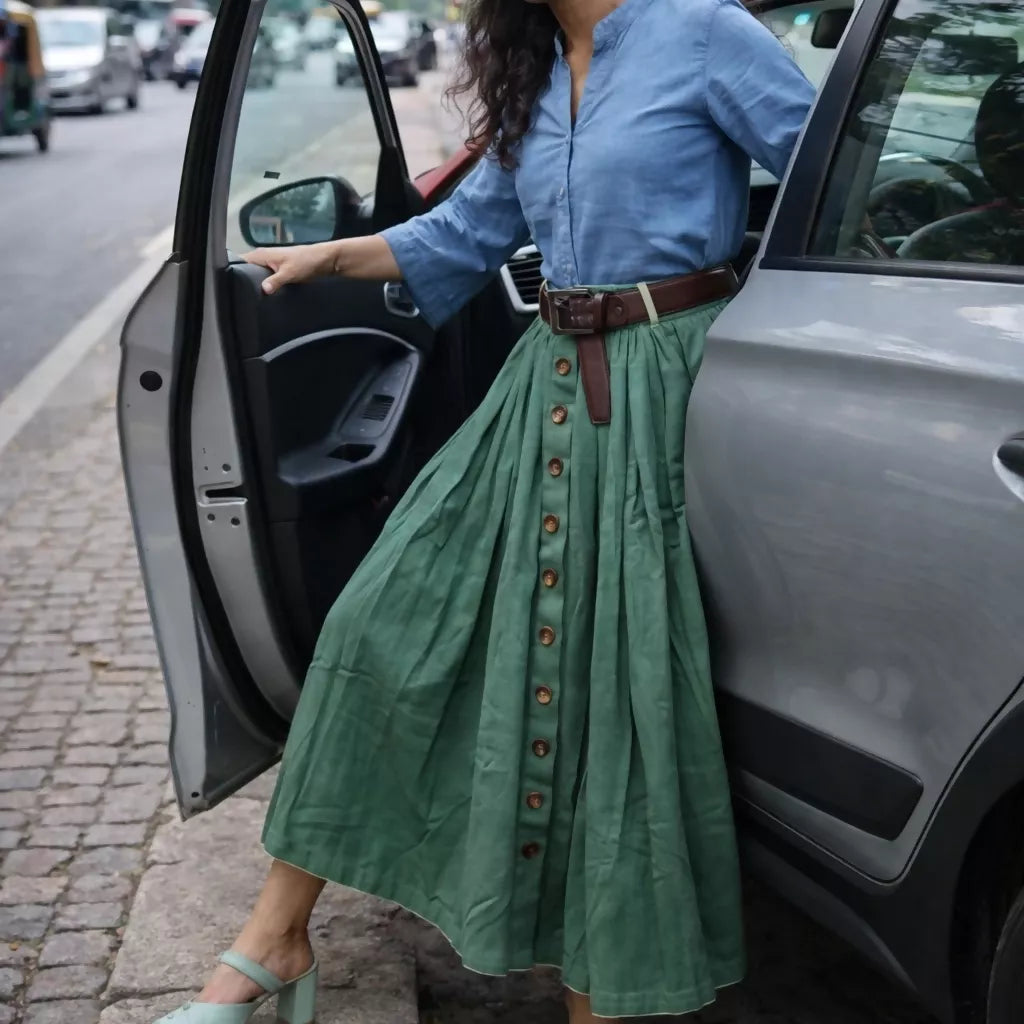 NEBULA Olive Green Corset Midi Skirt – Buttoned A-Line Pleated Skirt with Pockets