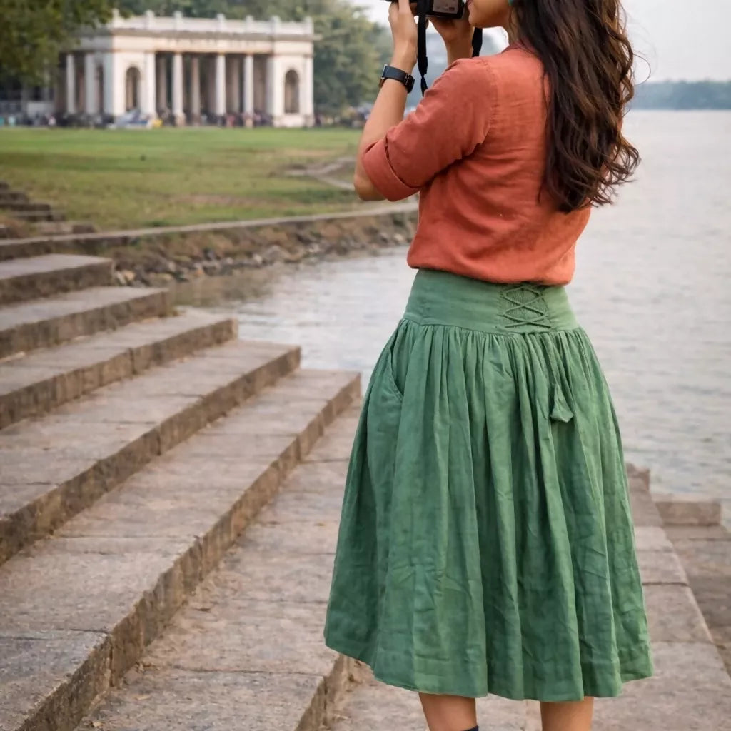 GREENVILLIE - Olive Green Cotton Linen Vintage theme Symmetric flared hem Skirt.