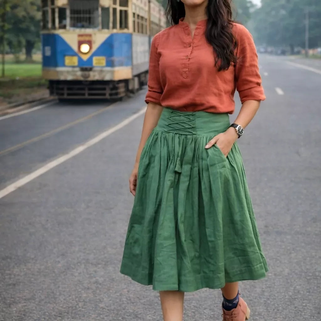 GREENVILLIE - Olive Green Cotton Linen Vintage theme Symmetric flared hem Skirt.