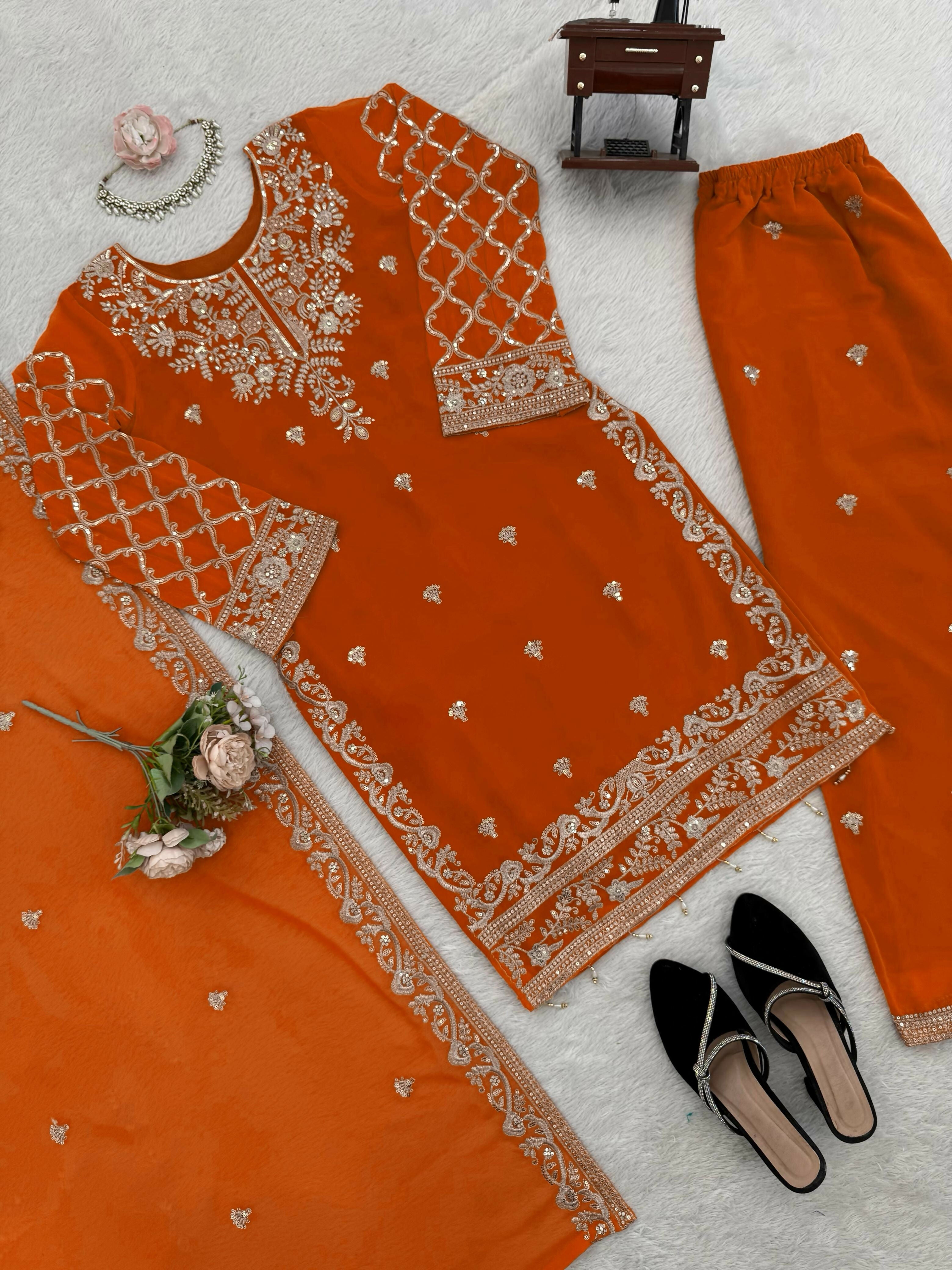 Designer Faux Georgette Embroidered Kurta Palazzo Set with Dupatta