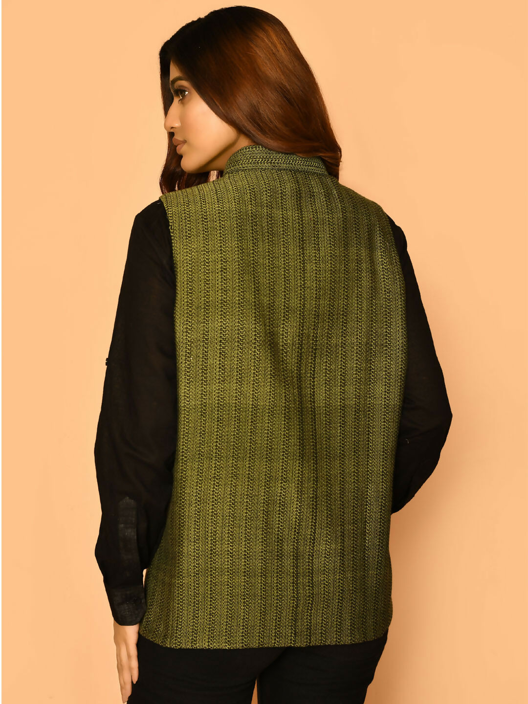Olive Green Handloom Cotton Nehru Jacket for Women