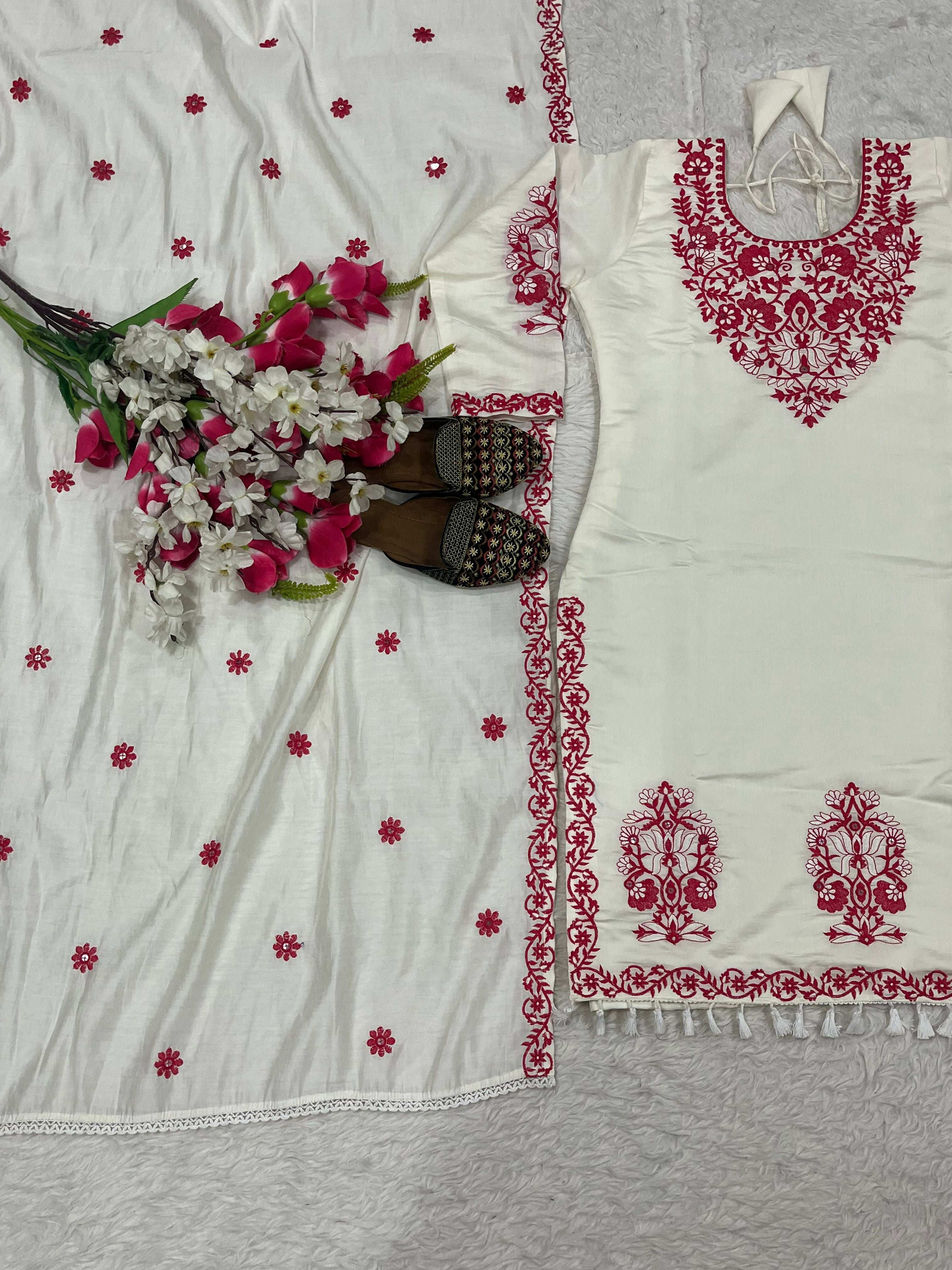 Roman Cotton Silk Embroidered Top, Pant & Dupatta Set
