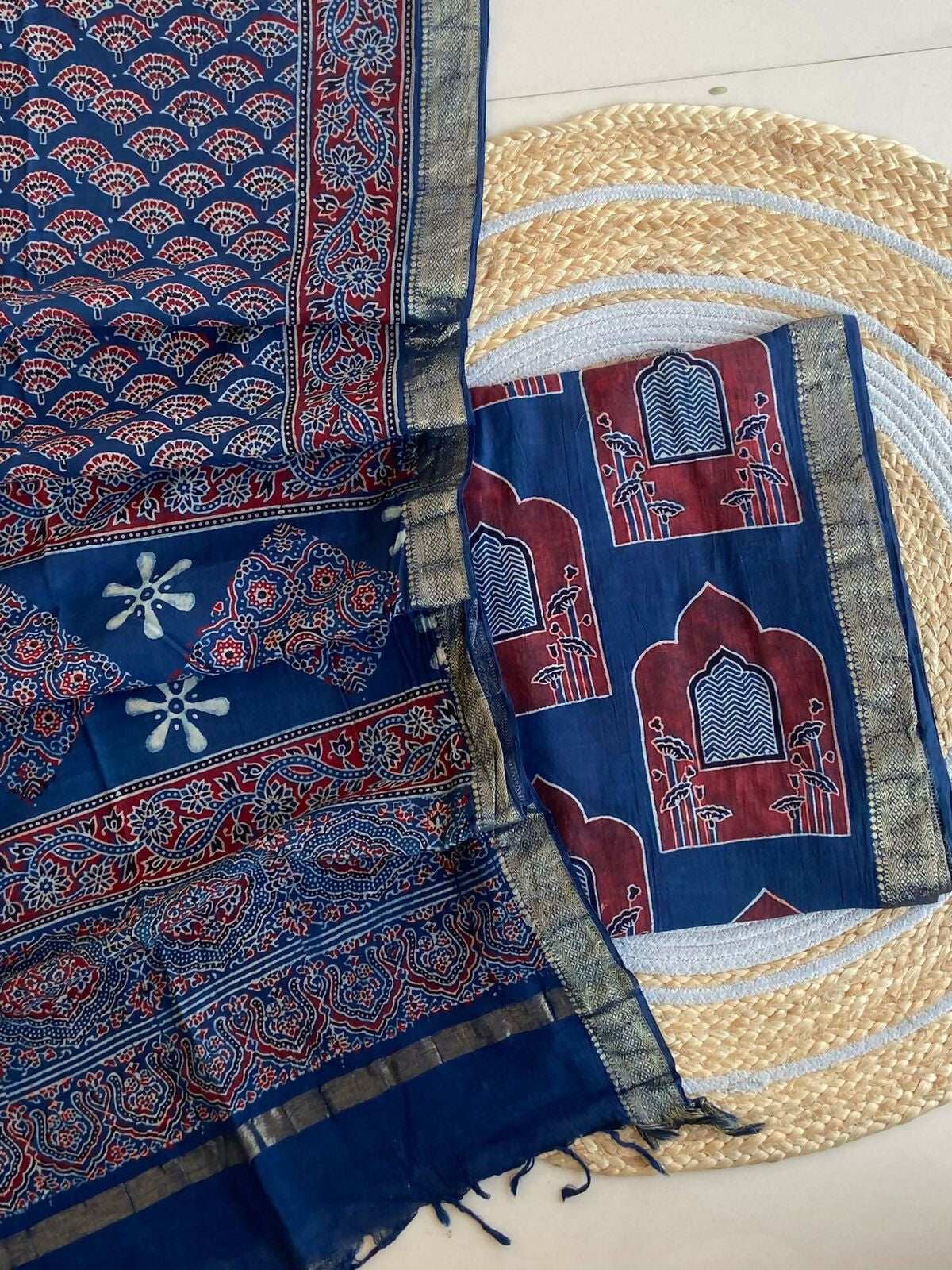 Ajrakh Mangalgiri Cotton Suit Fabric - Blue Ajrakh Cotton Suit Material India