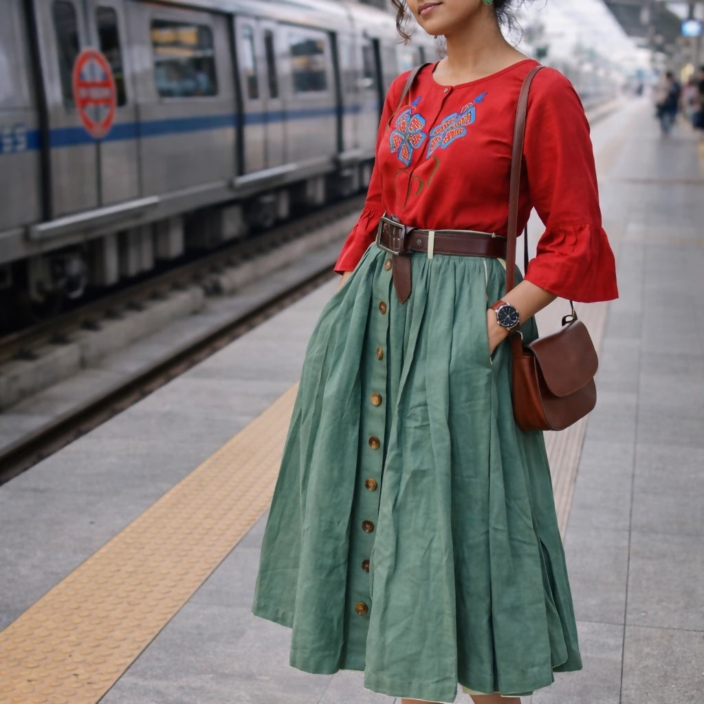 NEBULA Olive Green Corset Midi Skirt – Buttoned A-Line Pleated Skirt with Pockets