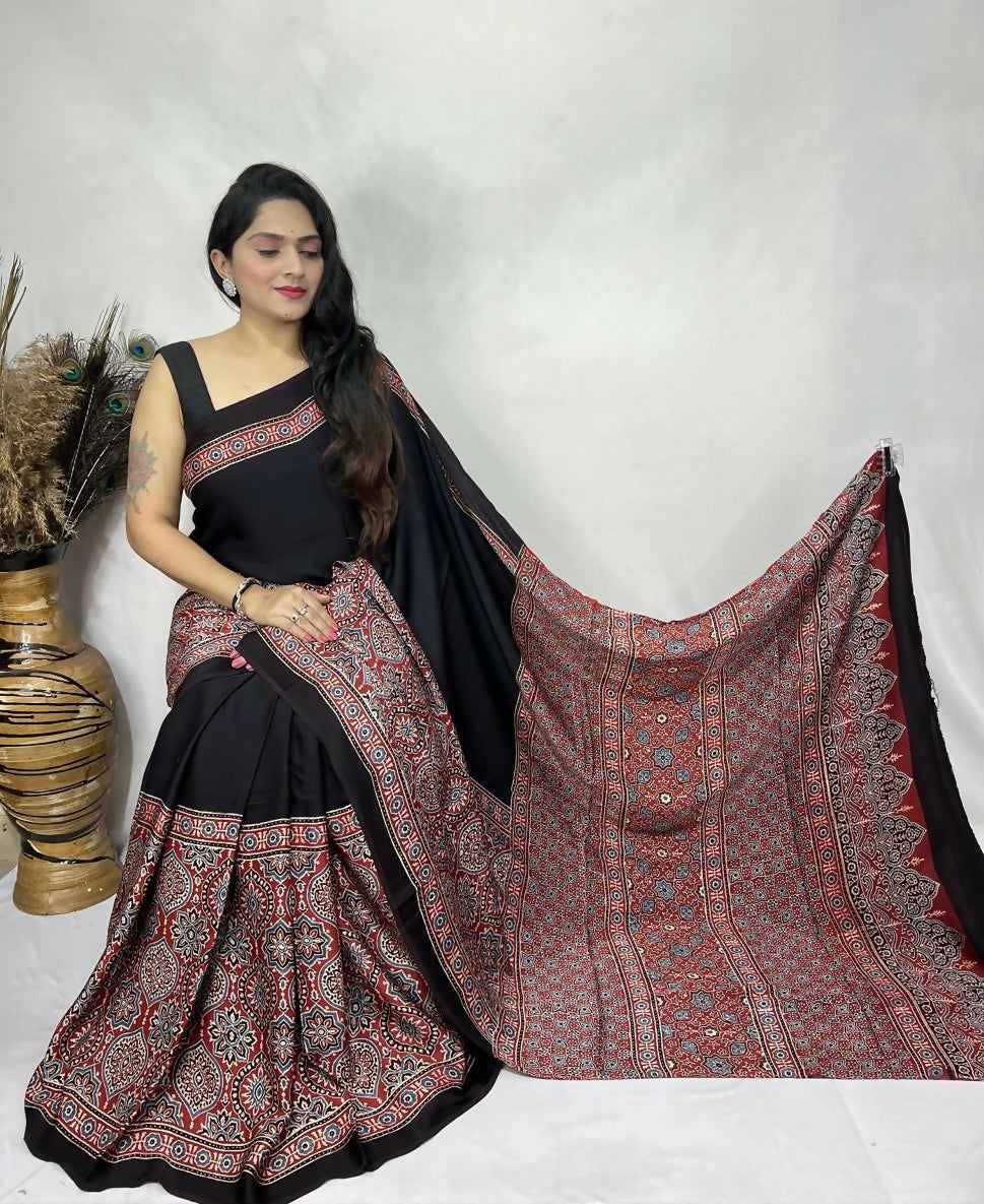 Modal Silk Ajrakh Saree – Black with Red Ajrakh Print
