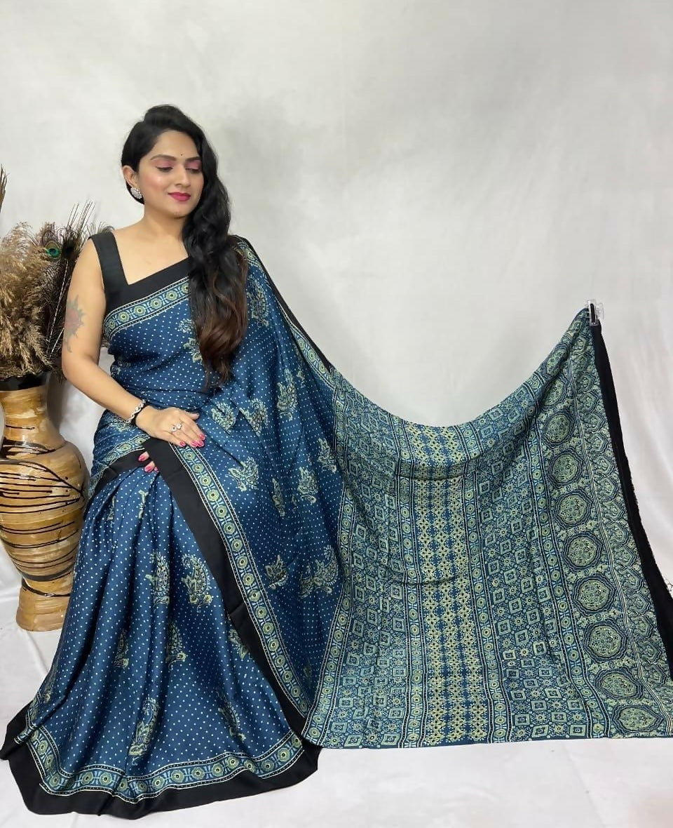 Modal Silk Ajrakh Saree – Blue & Olive Ajrakh Design