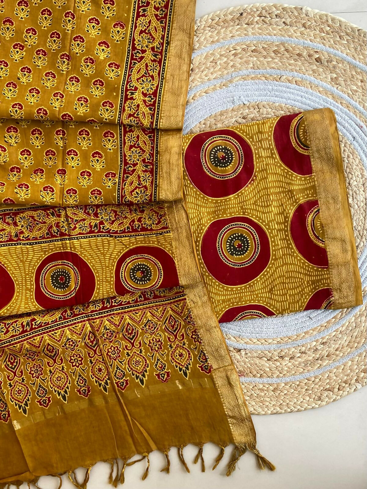 Ajrakh Mangalgiri Cotton Suit Fabric - Mustard Ajrakh Cotton Suit Fabric India
