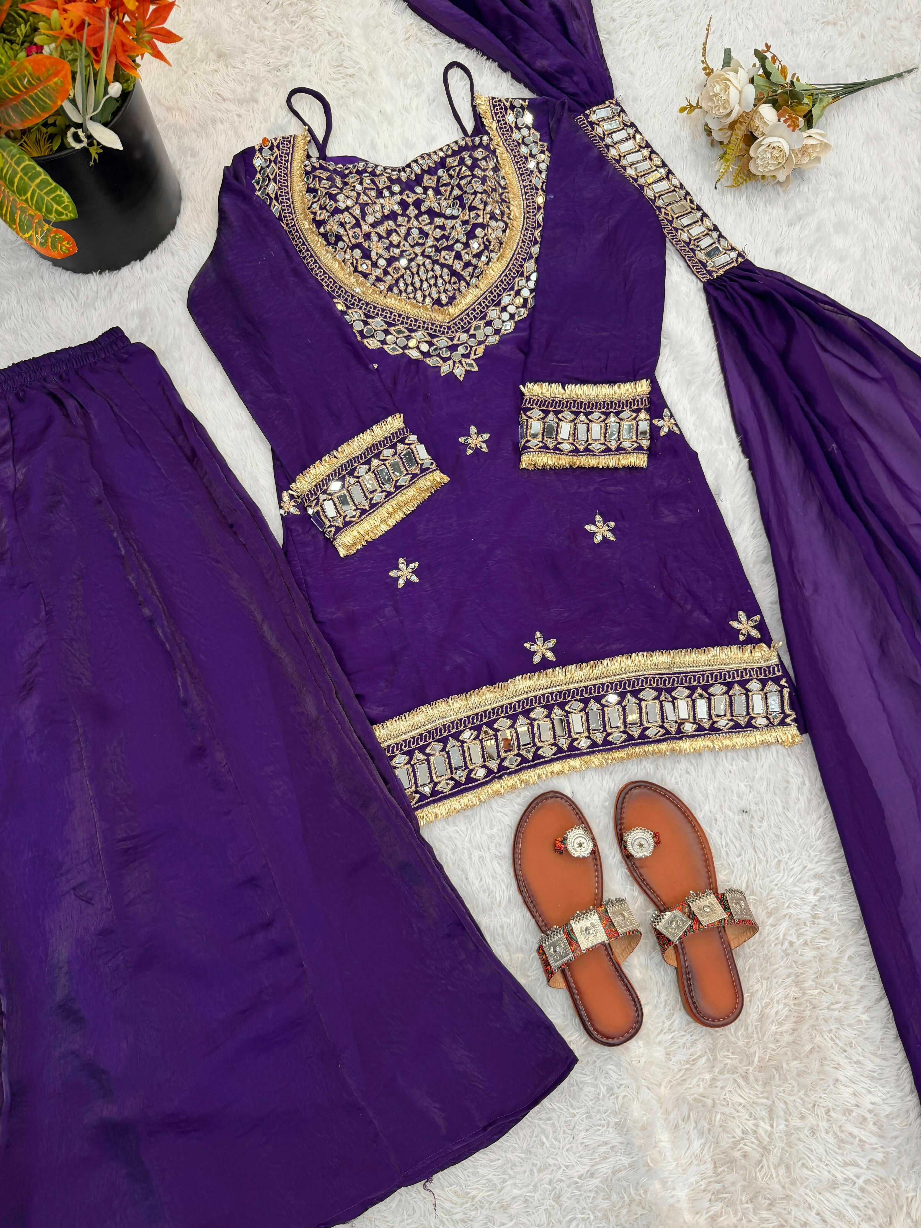 Women’s Fendy Silk Mirror Work Top, Sharara & Dupatta Set