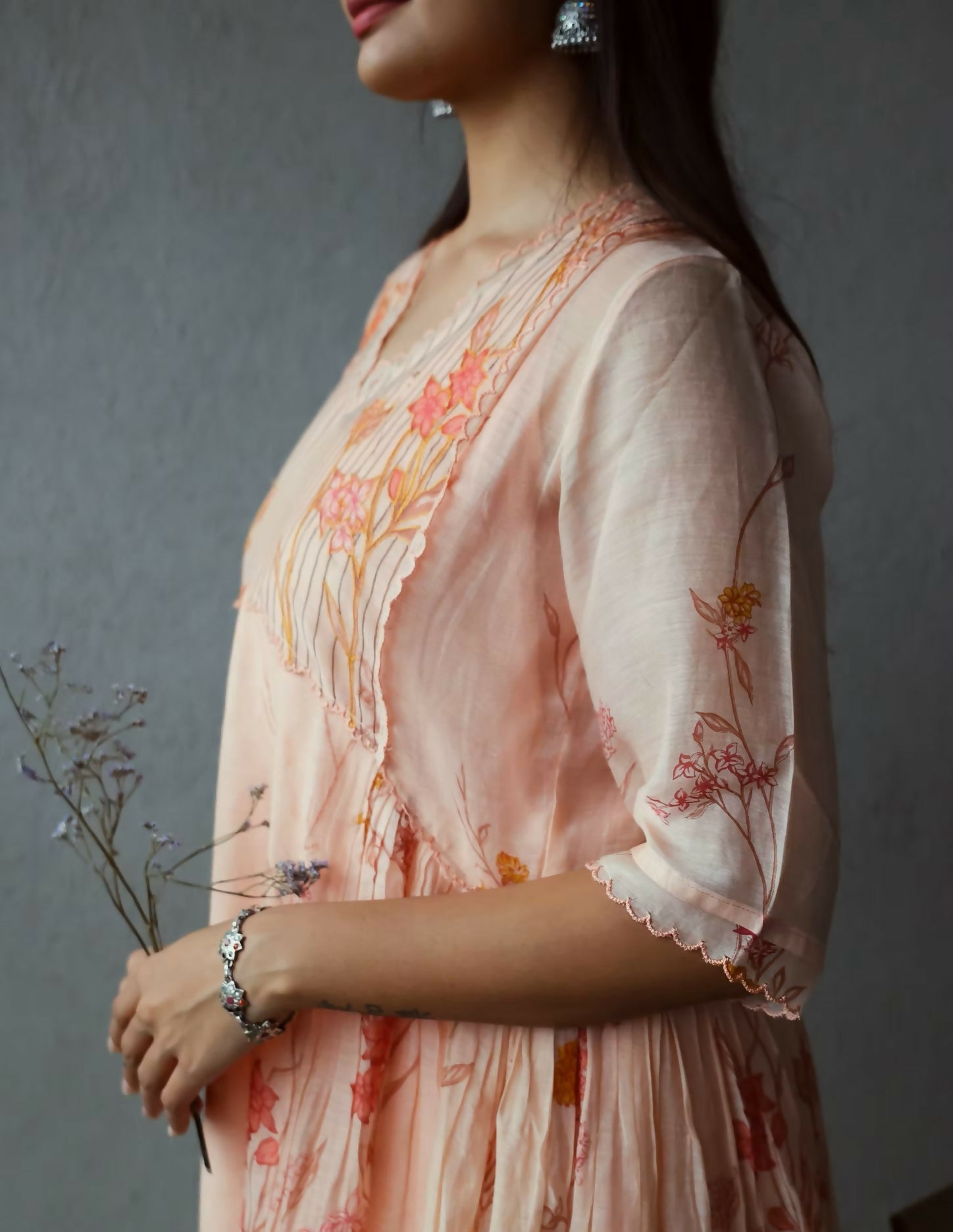 Peach Printed Embroidered Dress