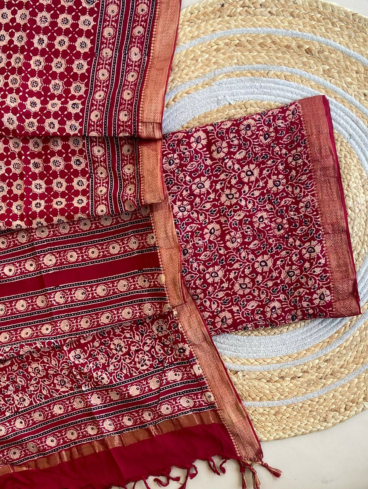 Ajrakh Mangalgiri Cotton Suit Fabric - Brown Ajrakh Cotton Suit Fabric India