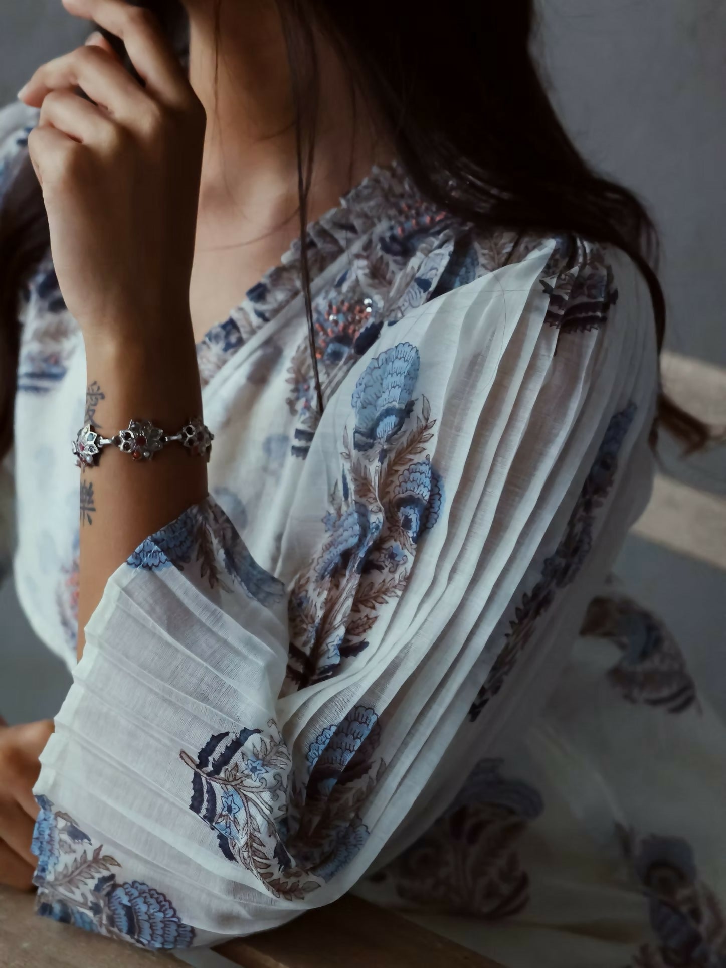 White & Blue Long Kurta Pant Set