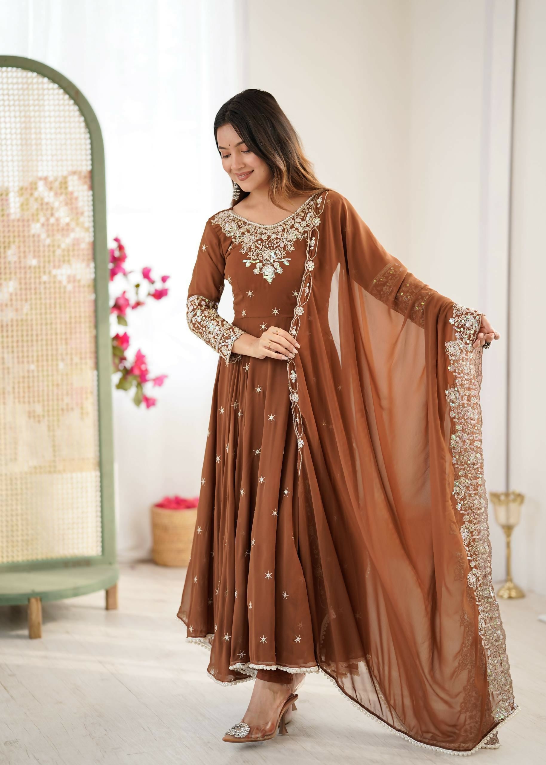 Elegant Embroidered Designer Anarkali Three Piece Set