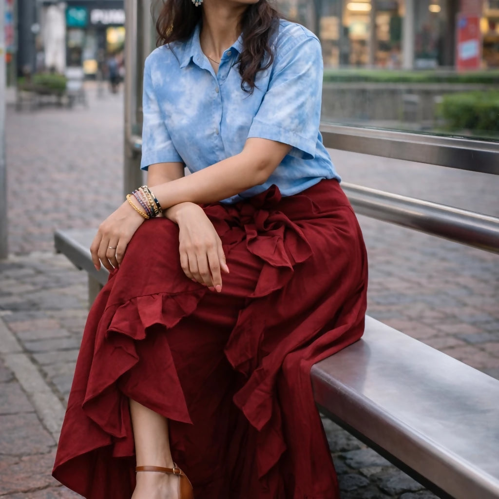 KALEIDOS - Rich Maroon Waist Tie-Up Ruffled Maxi Skirt with Attached Trousers.