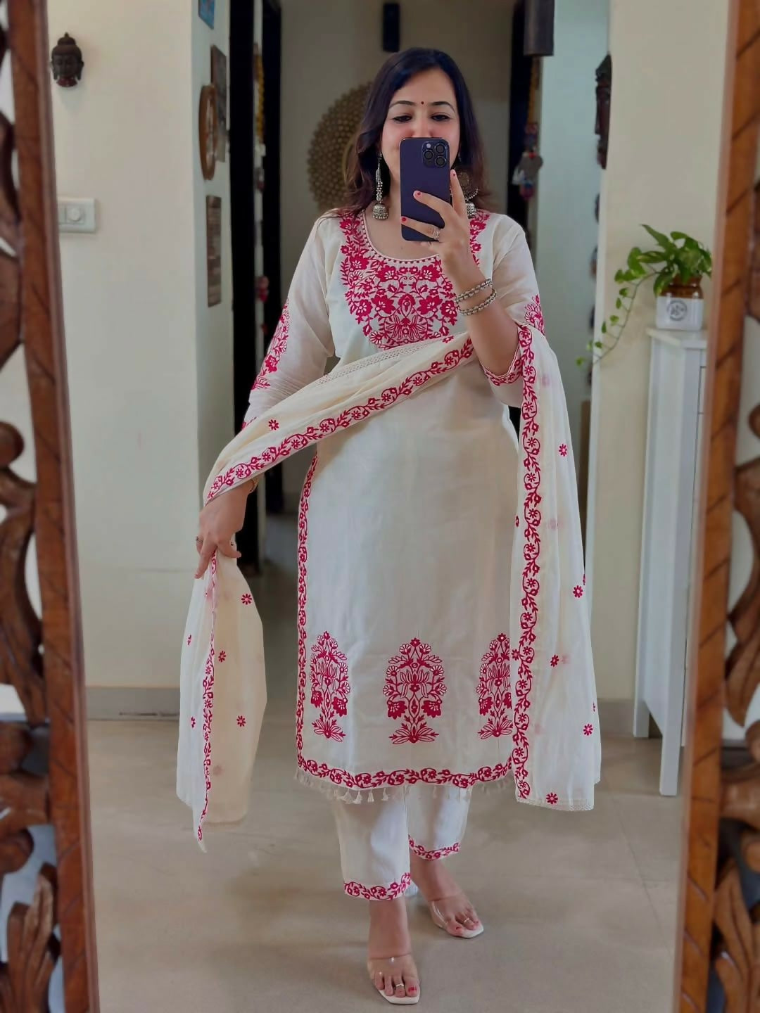 Roman Cotton Silk Embroidered Top, Pant & Dupatta Set