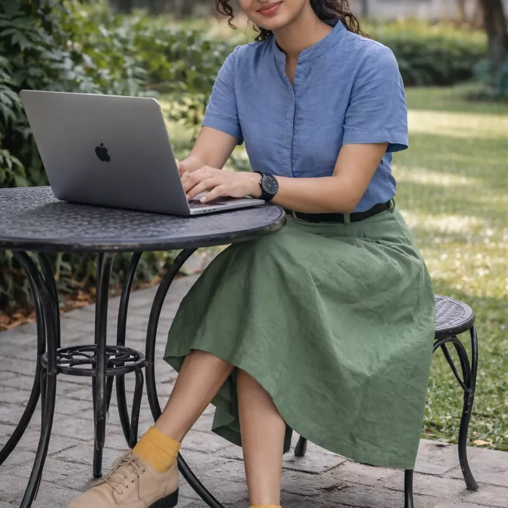 GREEN ALLEY - Olive Cotton Linen Symmetric flared hem Aline Waist Skirt.