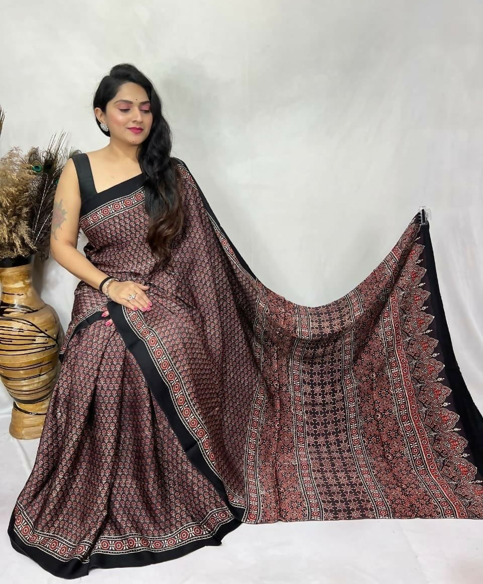 Modal Silk Ajrakh Saree – Maroon with Traditional Ajrakh Print
