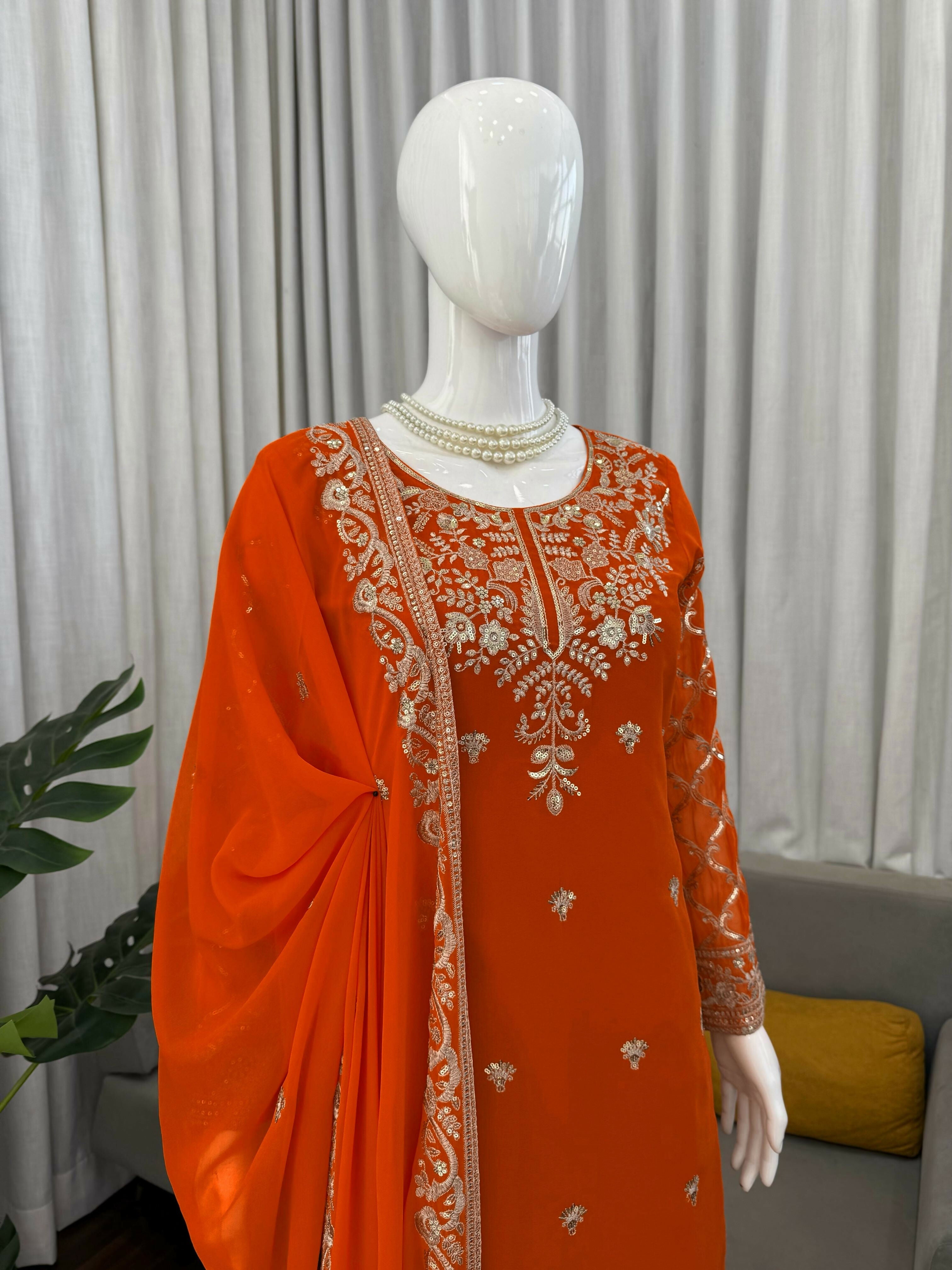 Designer Faux Georgette Embroidered Kurta Palazzo Set with Dupatta